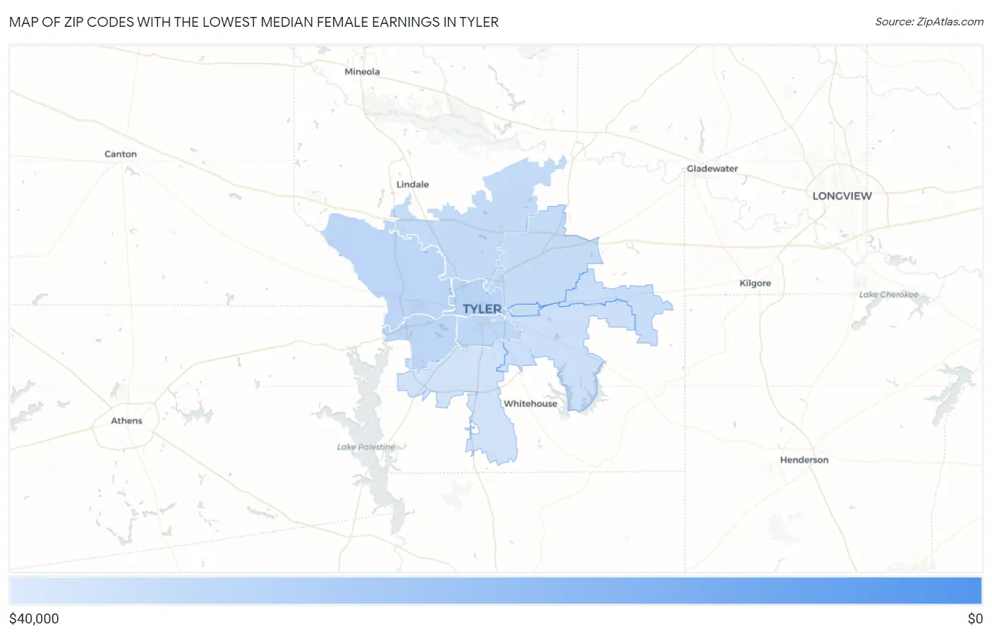 Zip Codes with the Lowest Median Female Earnings in Tyler Map