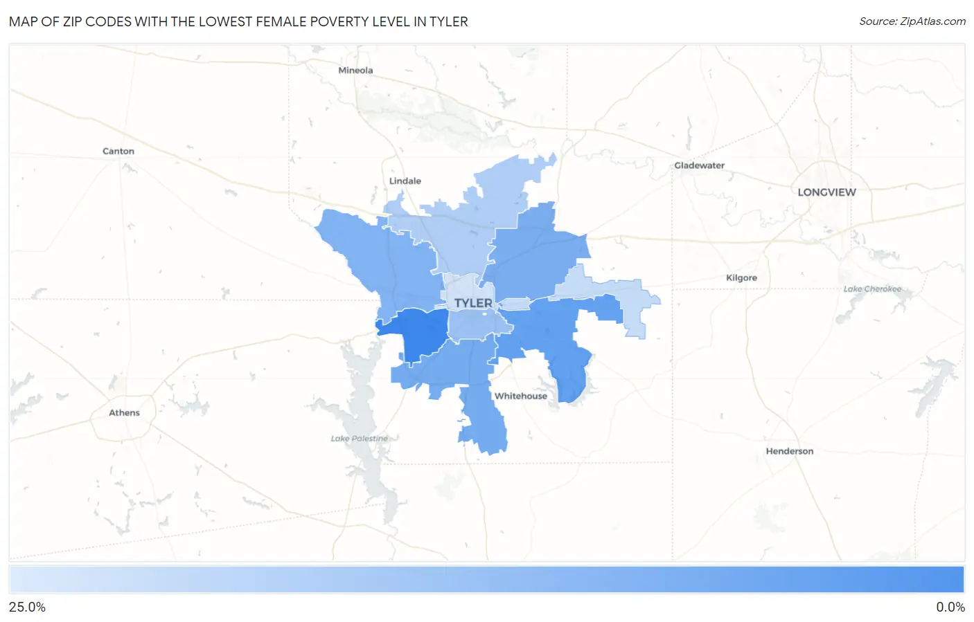 Zip Codes with the Lowest Female Poverty Level in Tyler Map