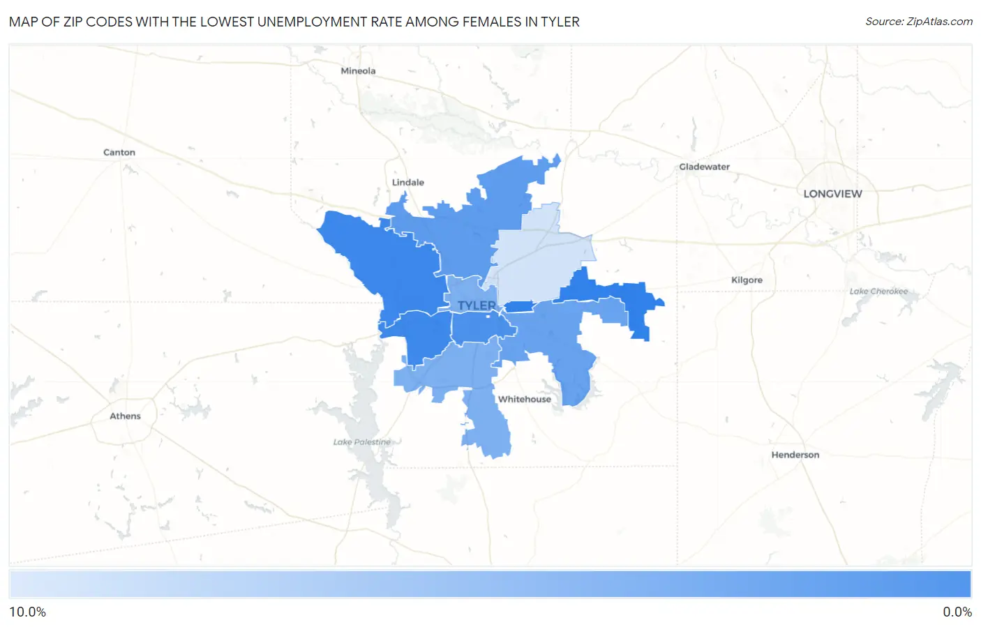 Zip Codes with the Lowest Unemployment Rate Among Females in Tyler Map