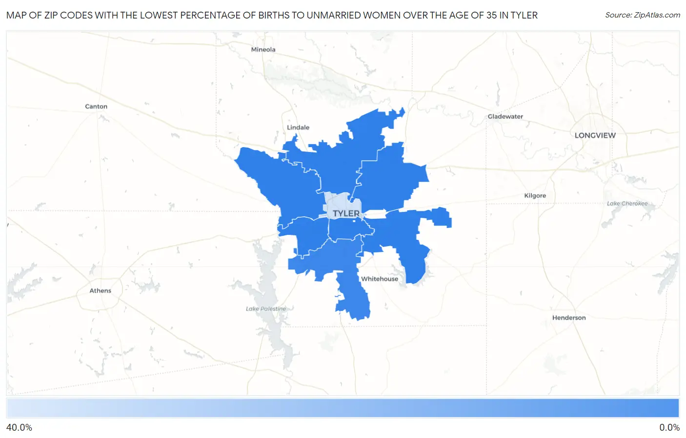 Zip Codes with the Lowest Percentage of Births to Unmarried Women over the Age of 35 in Tyler Map
