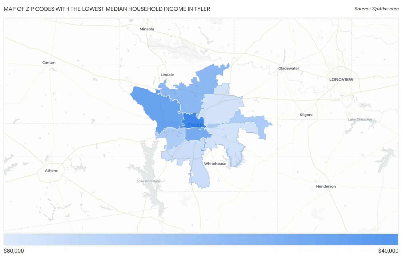 Zip Codes with the Lowest Median Household Income in Tyler Map