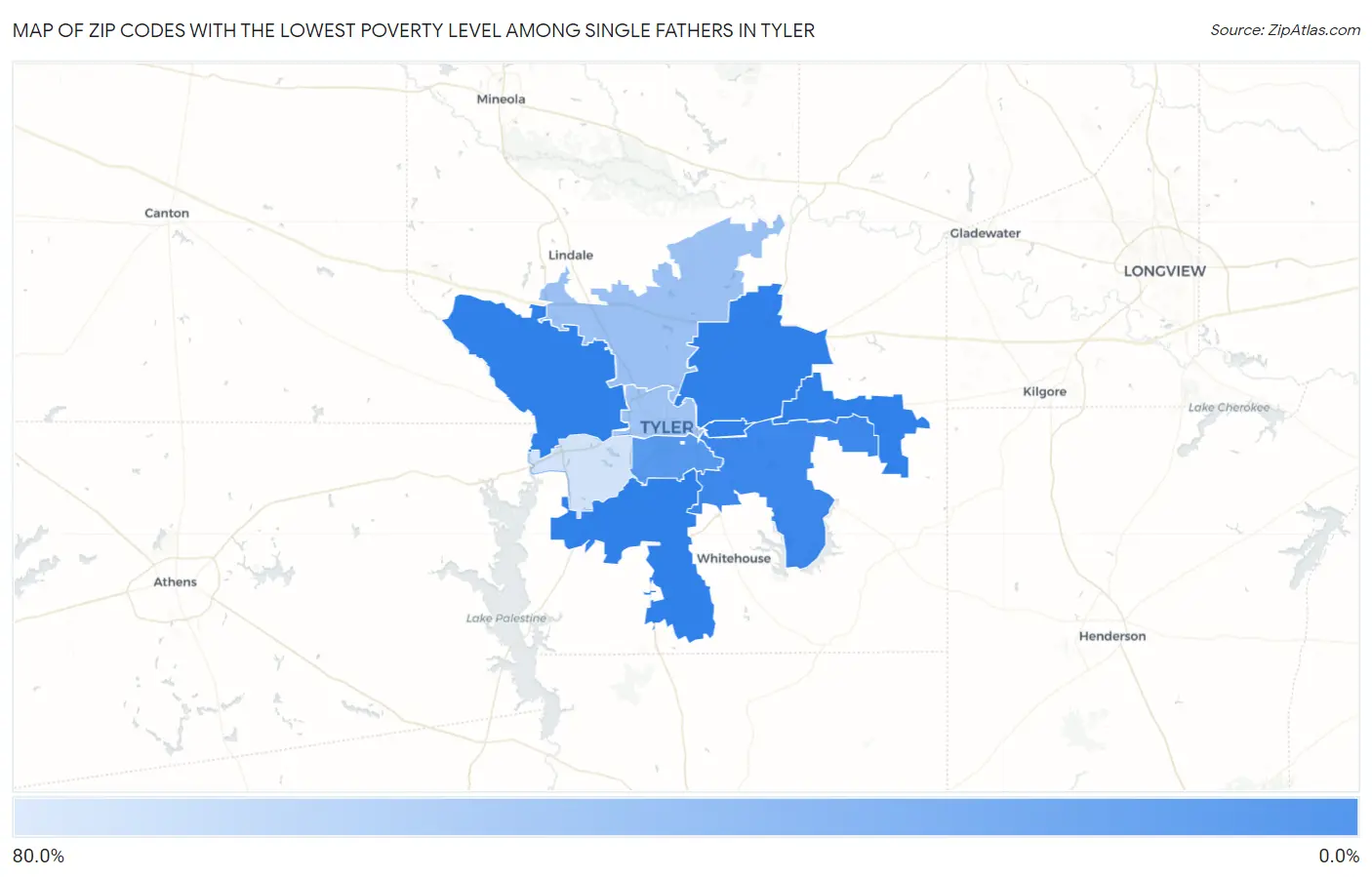 Zip Codes with the Lowest Poverty Level Among Single Fathers in Tyler Map