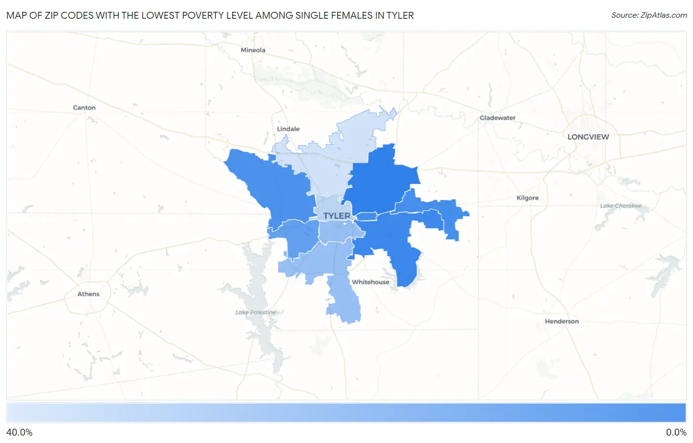 Zip Codes with the Lowest Poverty Level Among Single Females in Tyler Map