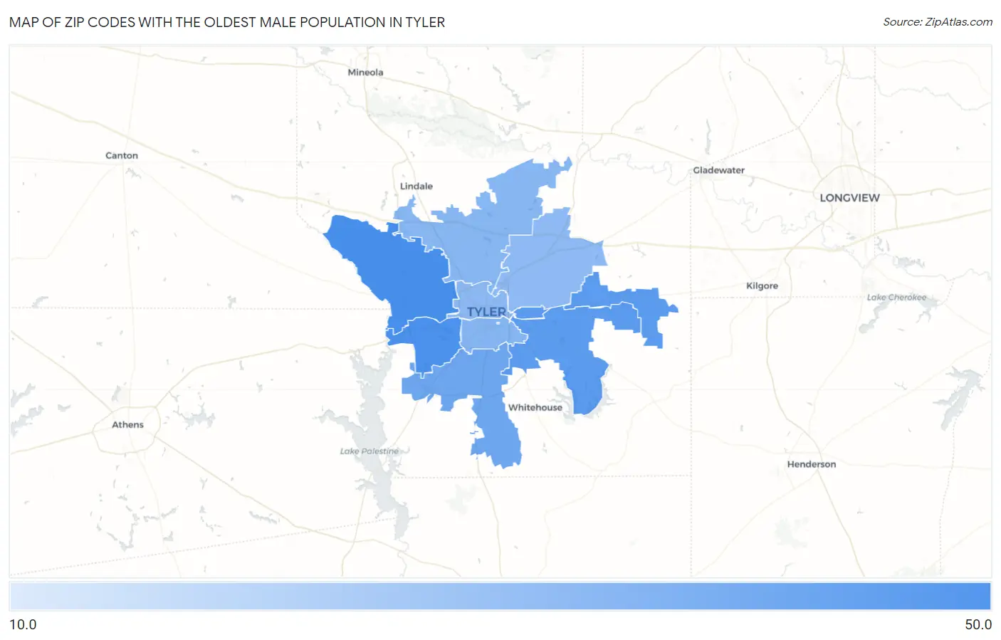 Zip Codes with the Oldest Male Population in Tyler Map
