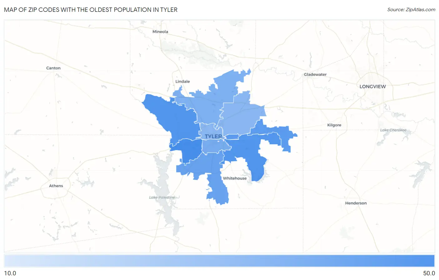 Zip Codes with the Oldest Population in Tyler Map