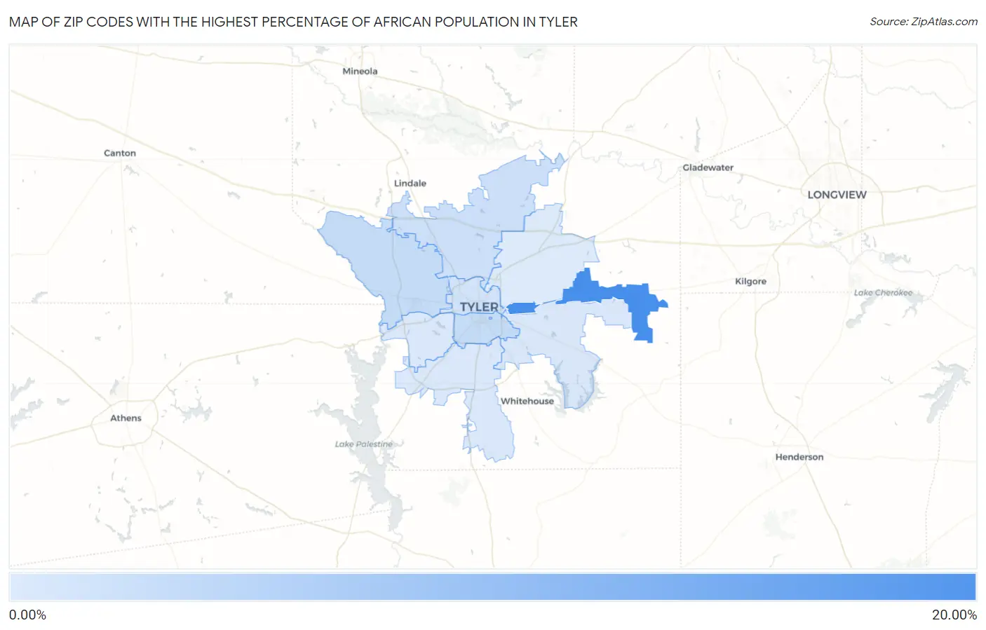 Zip Codes with the Highest Percentage of African Population in Tyler Map