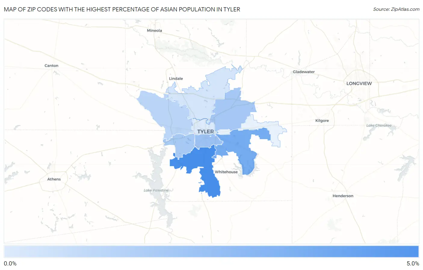 Zip Codes with the Highest Percentage of Asian Population in Tyler Map