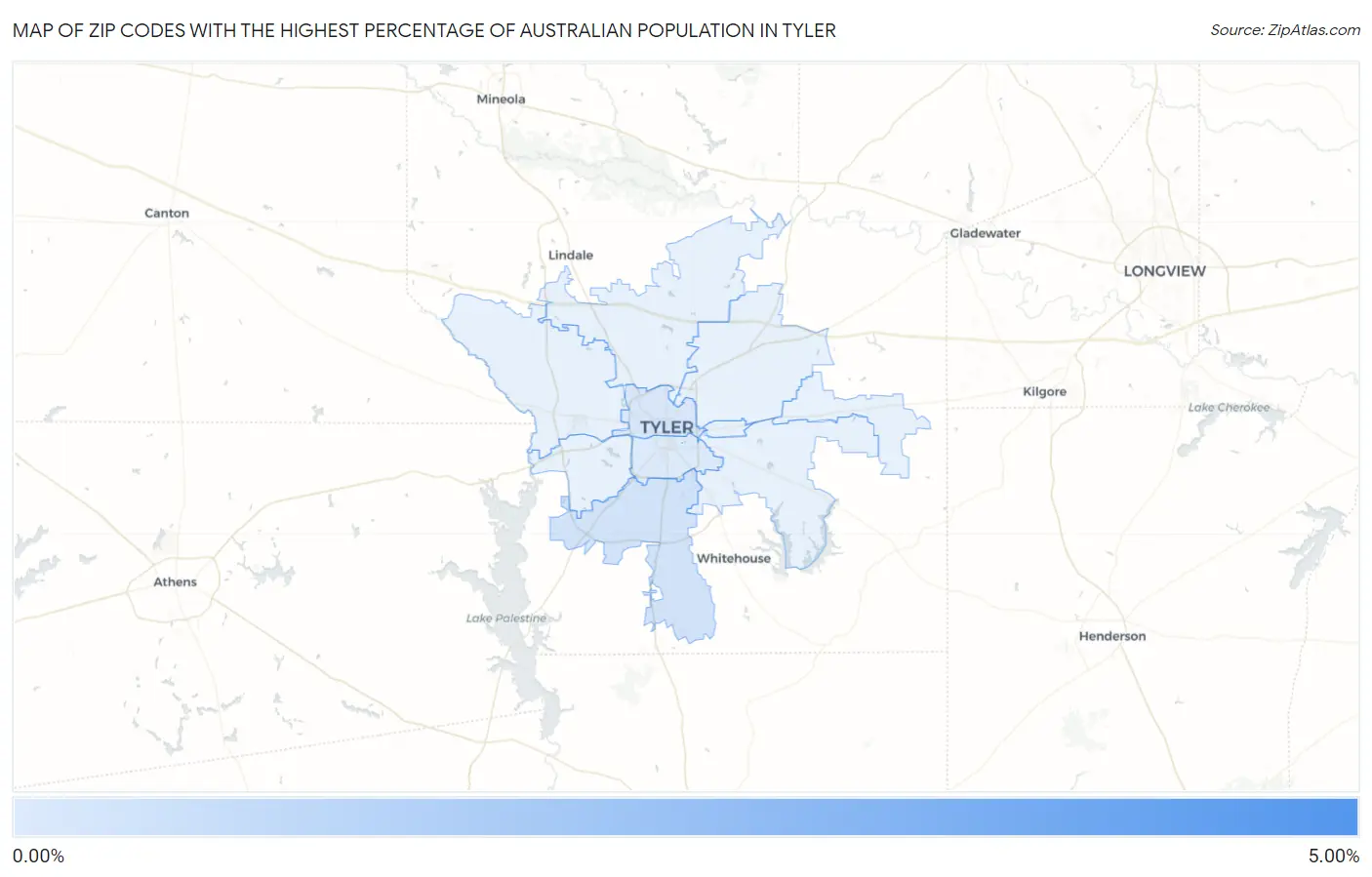 Zip Codes with the Highest Percentage of Australian Population in Tyler Map