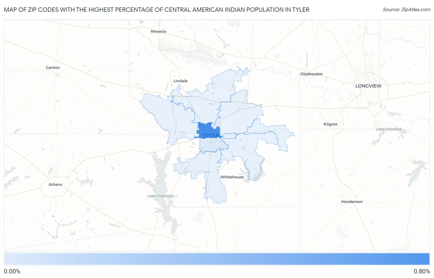 Zip Codes with the Highest Percentage of Central American Indian Population in Tyler Map