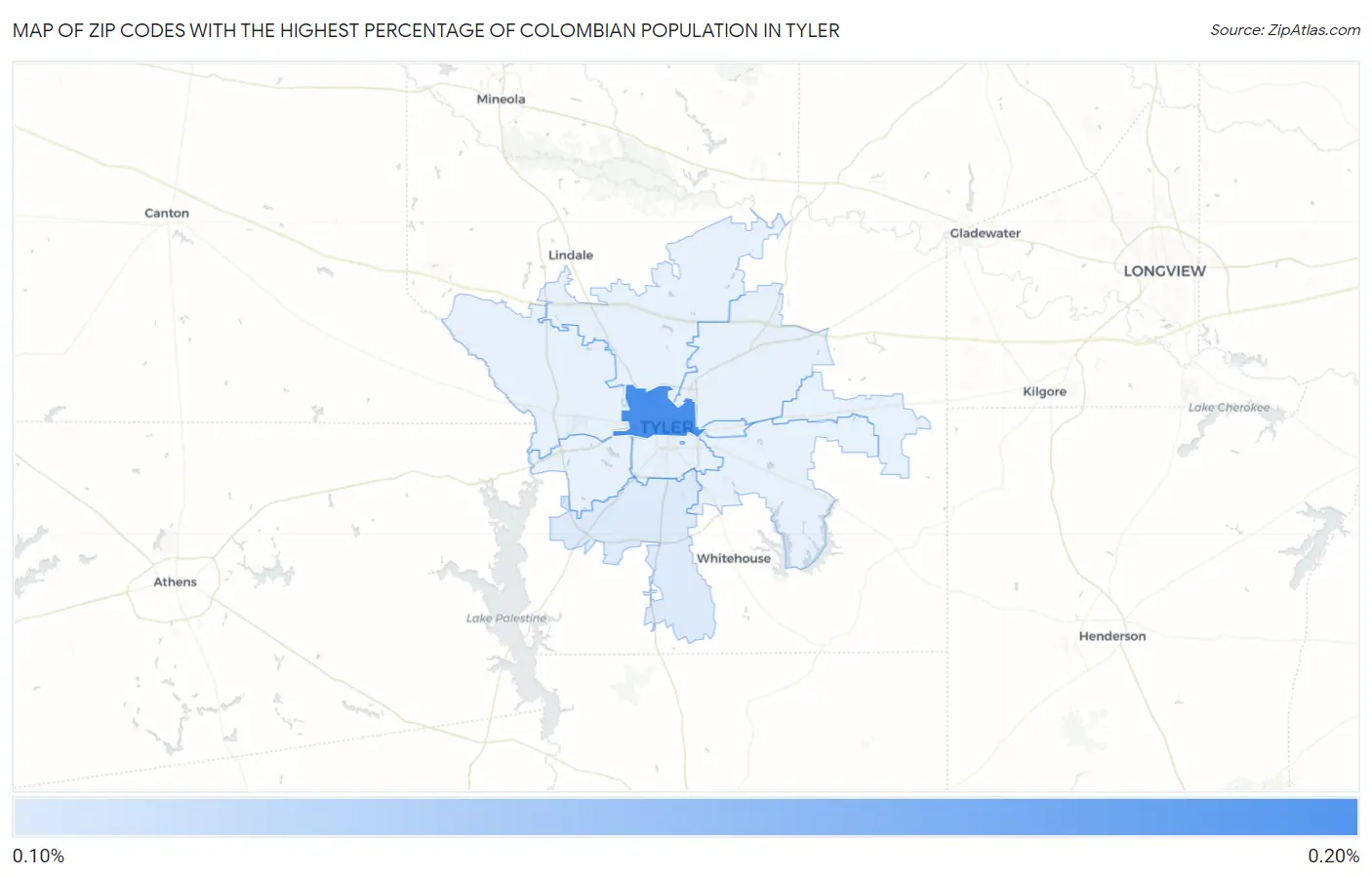 Zip Codes with the Highest Percentage of Colombian Population in Tyler Map