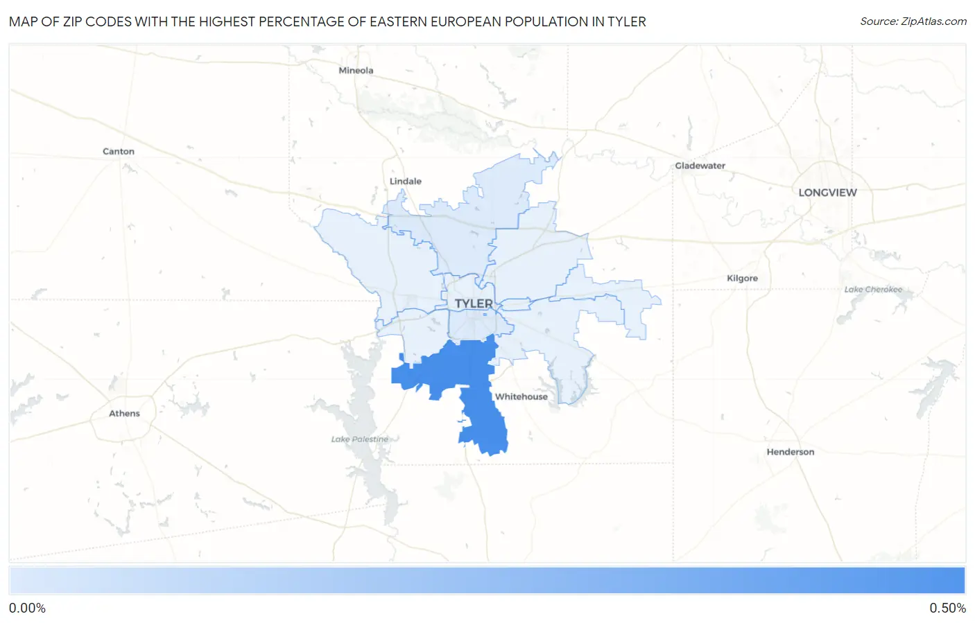 Zip Codes with the Highest Percentage of Eastern European Population in Tyler Map