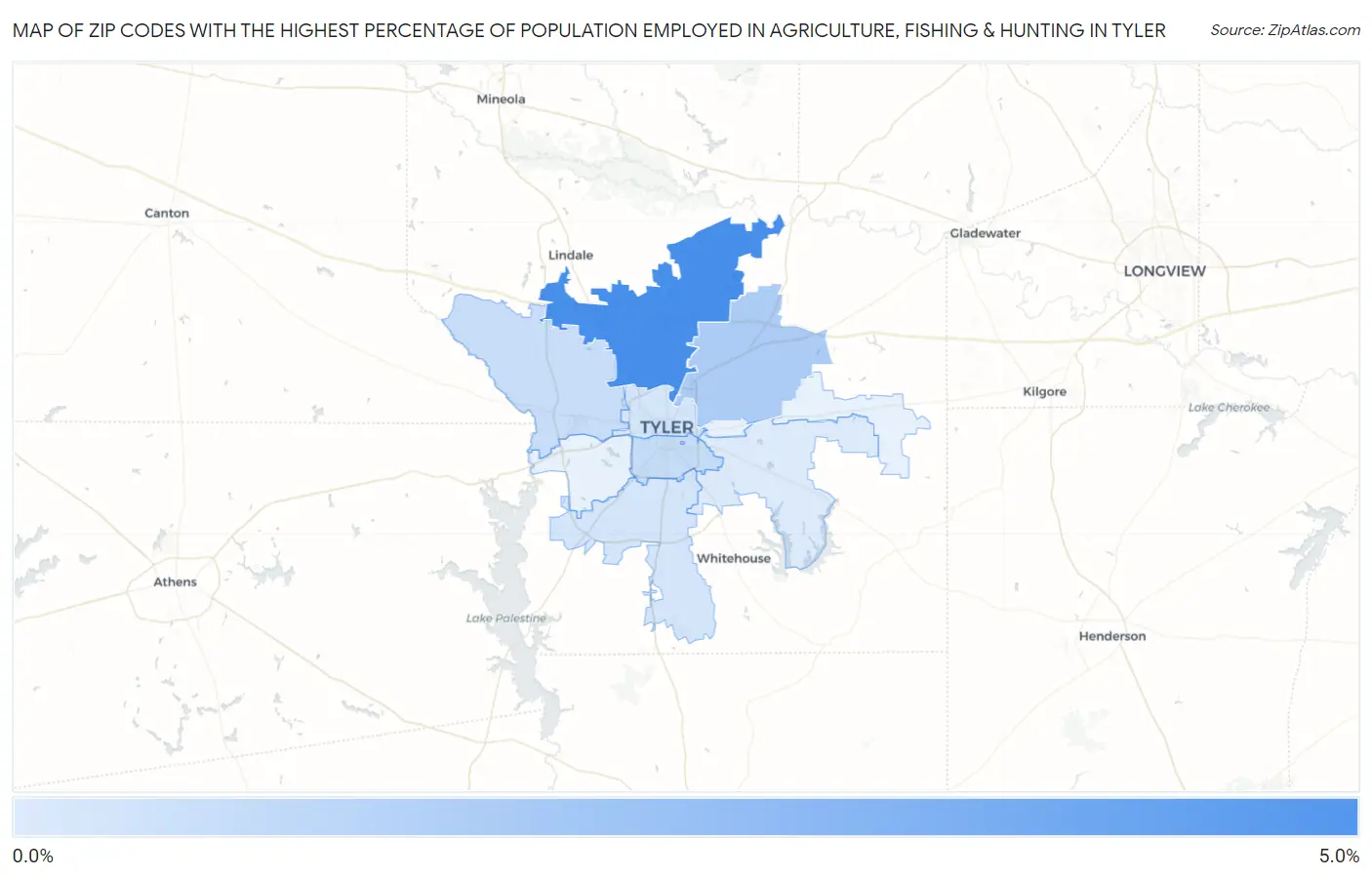 Zip Codes with the Highest Percentage of Population Employed in Agriculture, Fishing & Hunting in Tyler Map