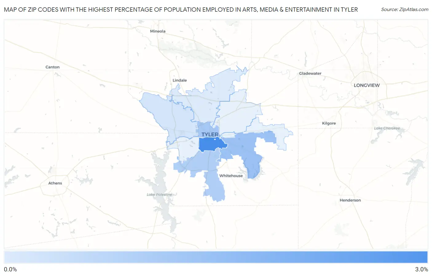Zip Codes with the Highest Percentage of Population Employed in Arts, Media & Entertainment in Tyler Map