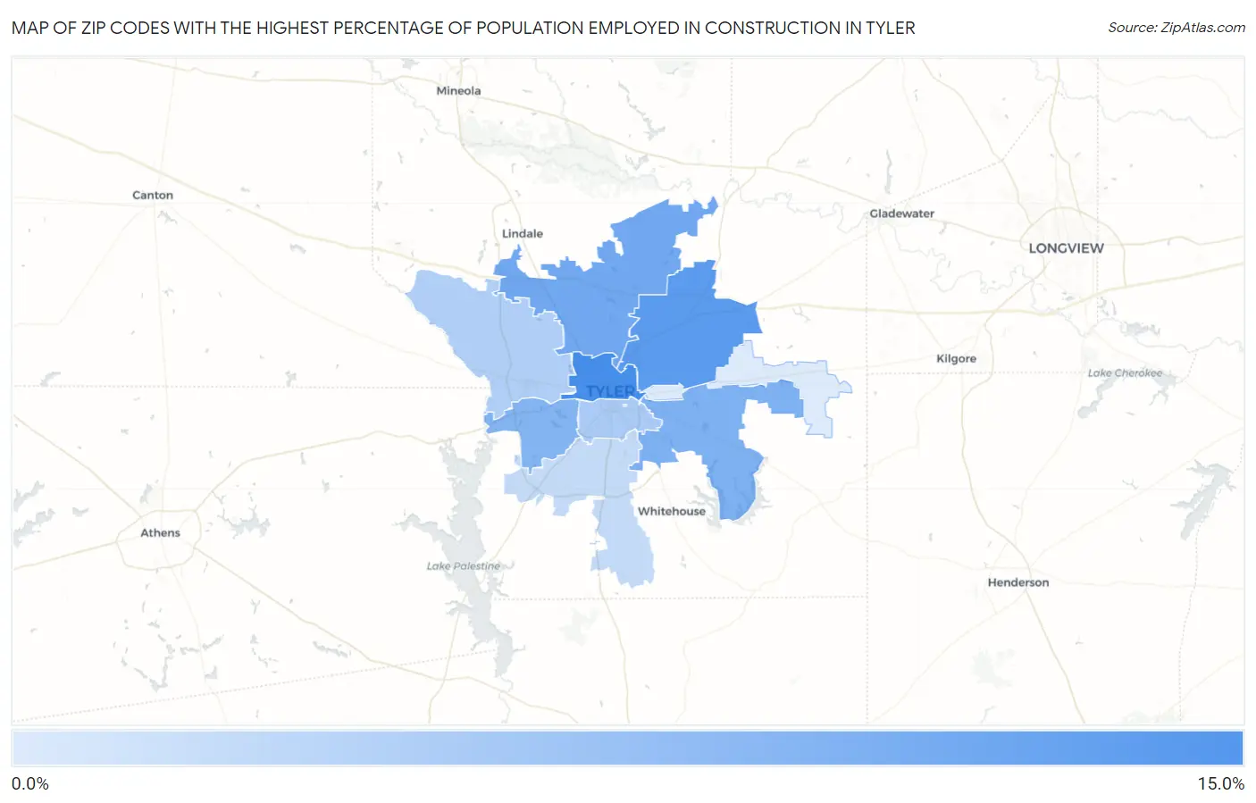 Zip Codes with the Highest Percentage of Population Employed in Construction in Tyler Map