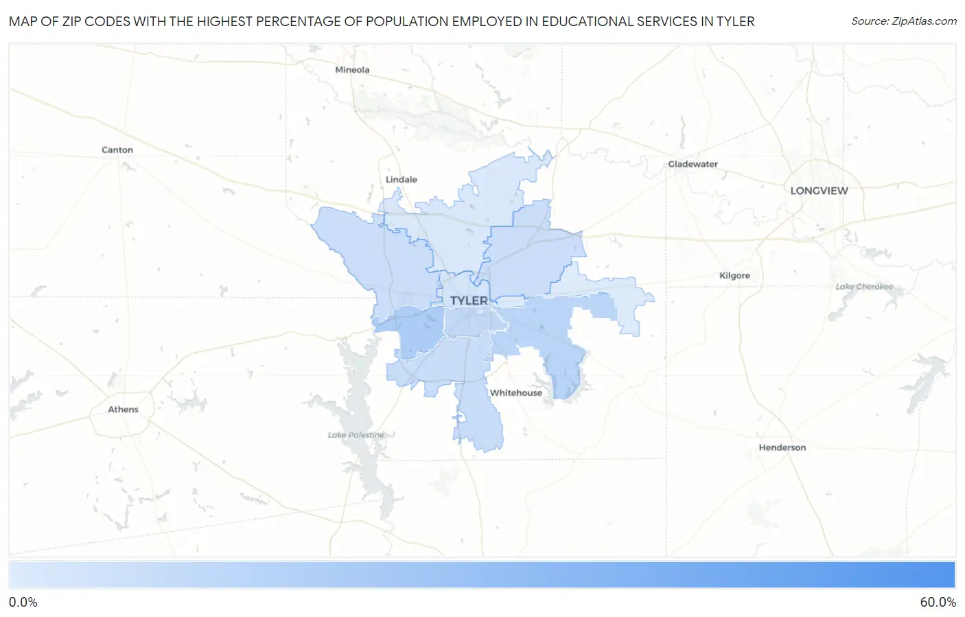 Zip Codes with the Highest Percentage of Population Employed in Educational Services in Tyler Map