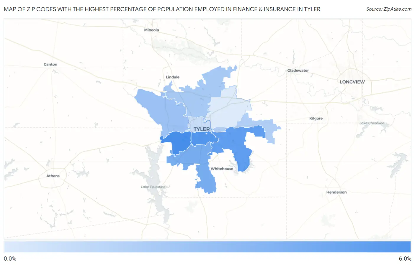 Zip Codes with the Highest Percentage of Population Employed in Finance & Insurance in Tyler Map