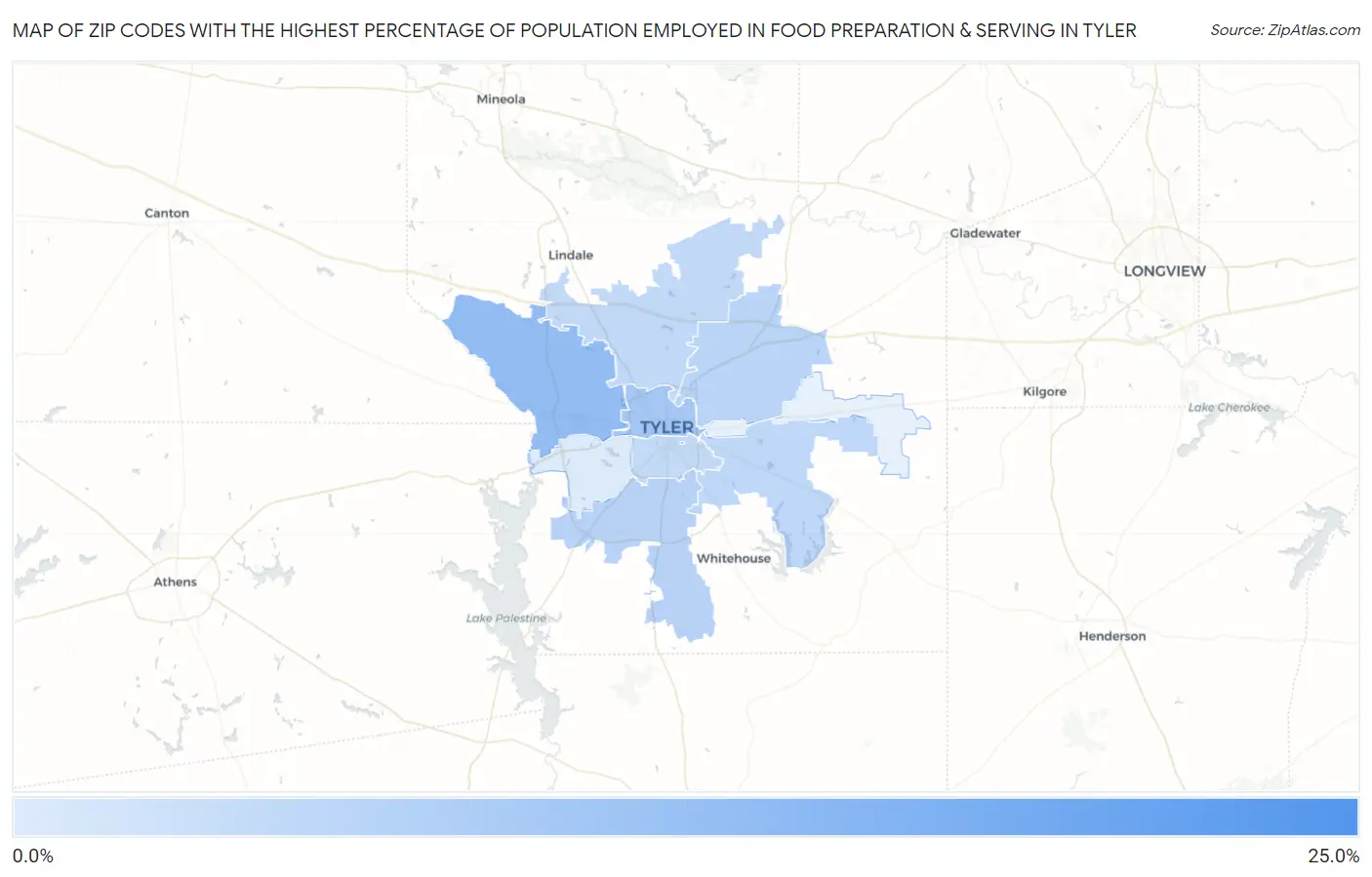 Zip Codes with the Highest Percentage of Population Employed in Food Preparation & Serving in Tyler Map