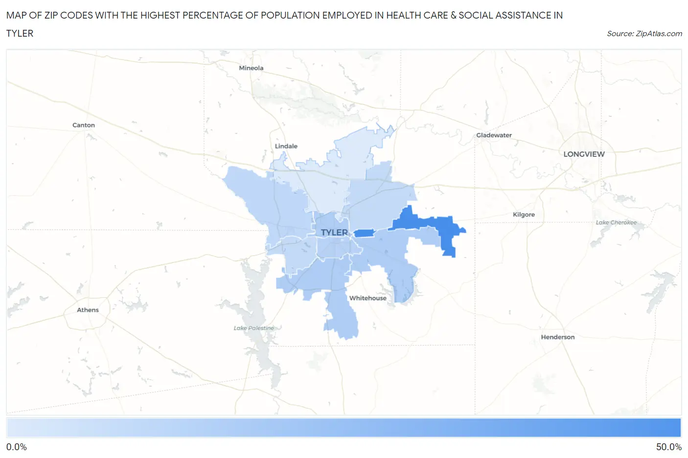 Zip Codes with the Highest Percentage of Population Employed in Health Care & Social Assistance in Tyler Map