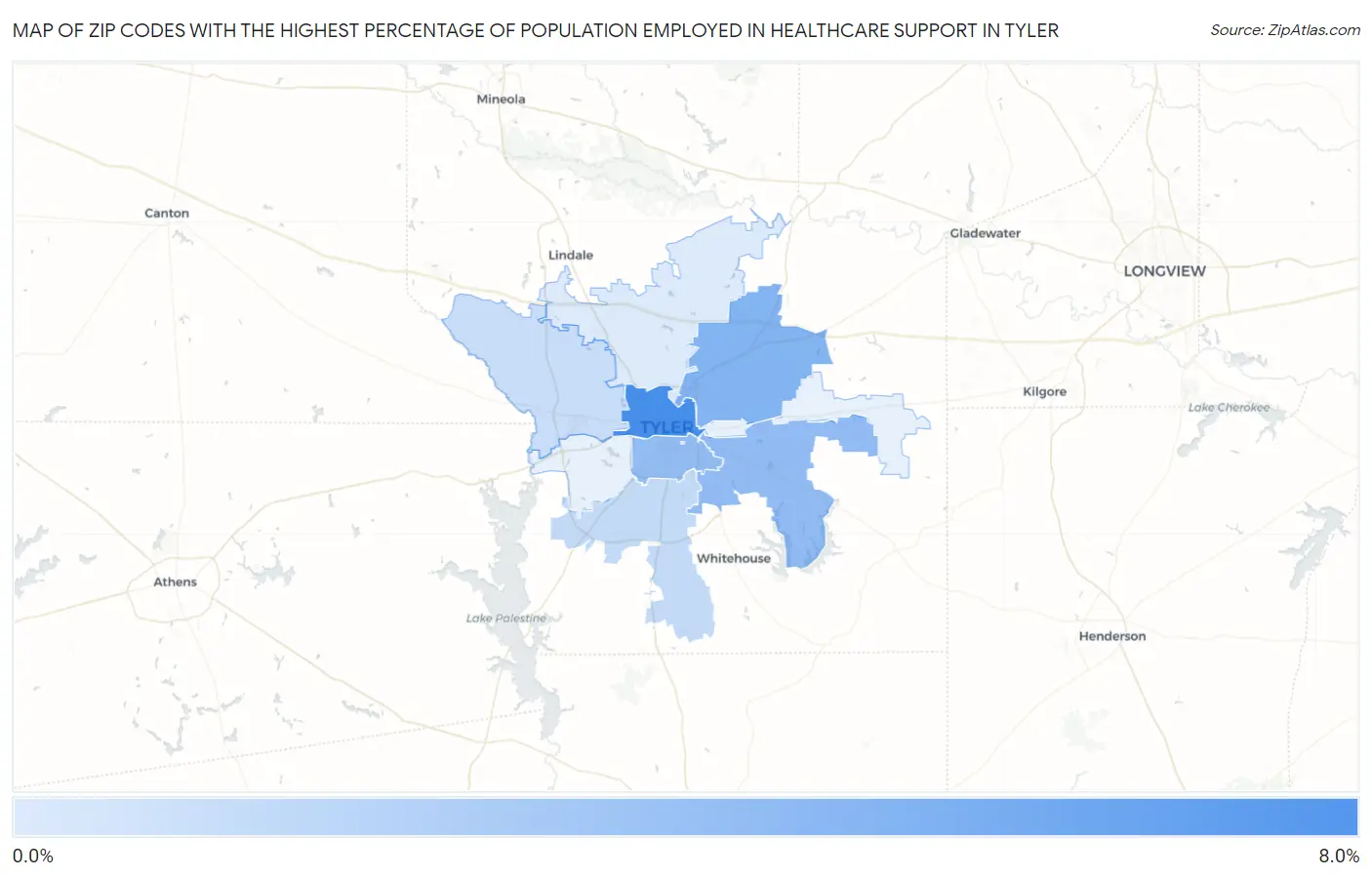 Zip Codes with the Highest Percentage of Population Employed in Healthcare Support in Tyler Map