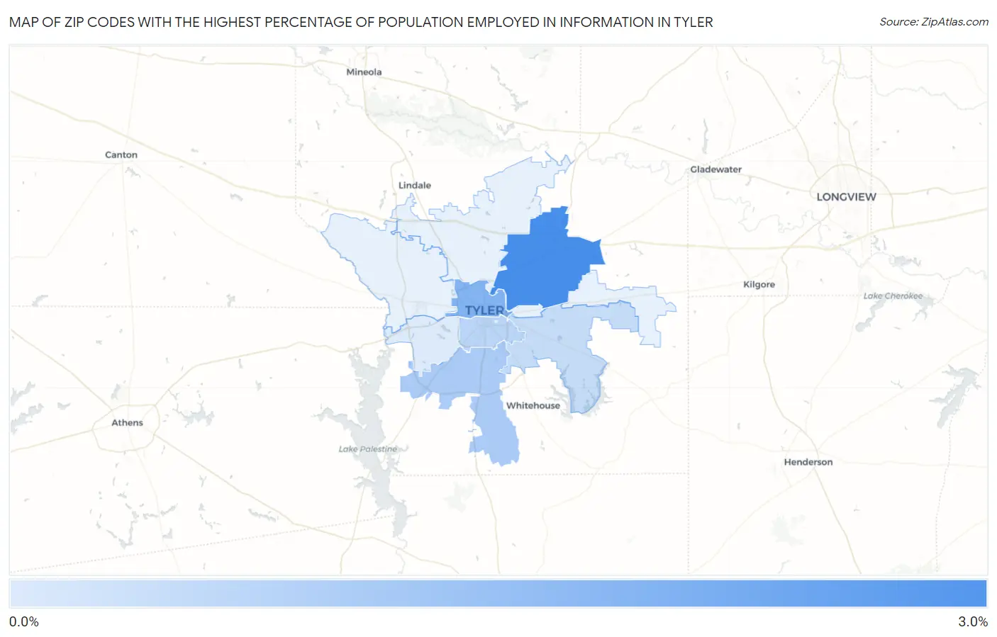 Zip Codes with the Highest Percentage of Population Employed in Information in Tyler Map
