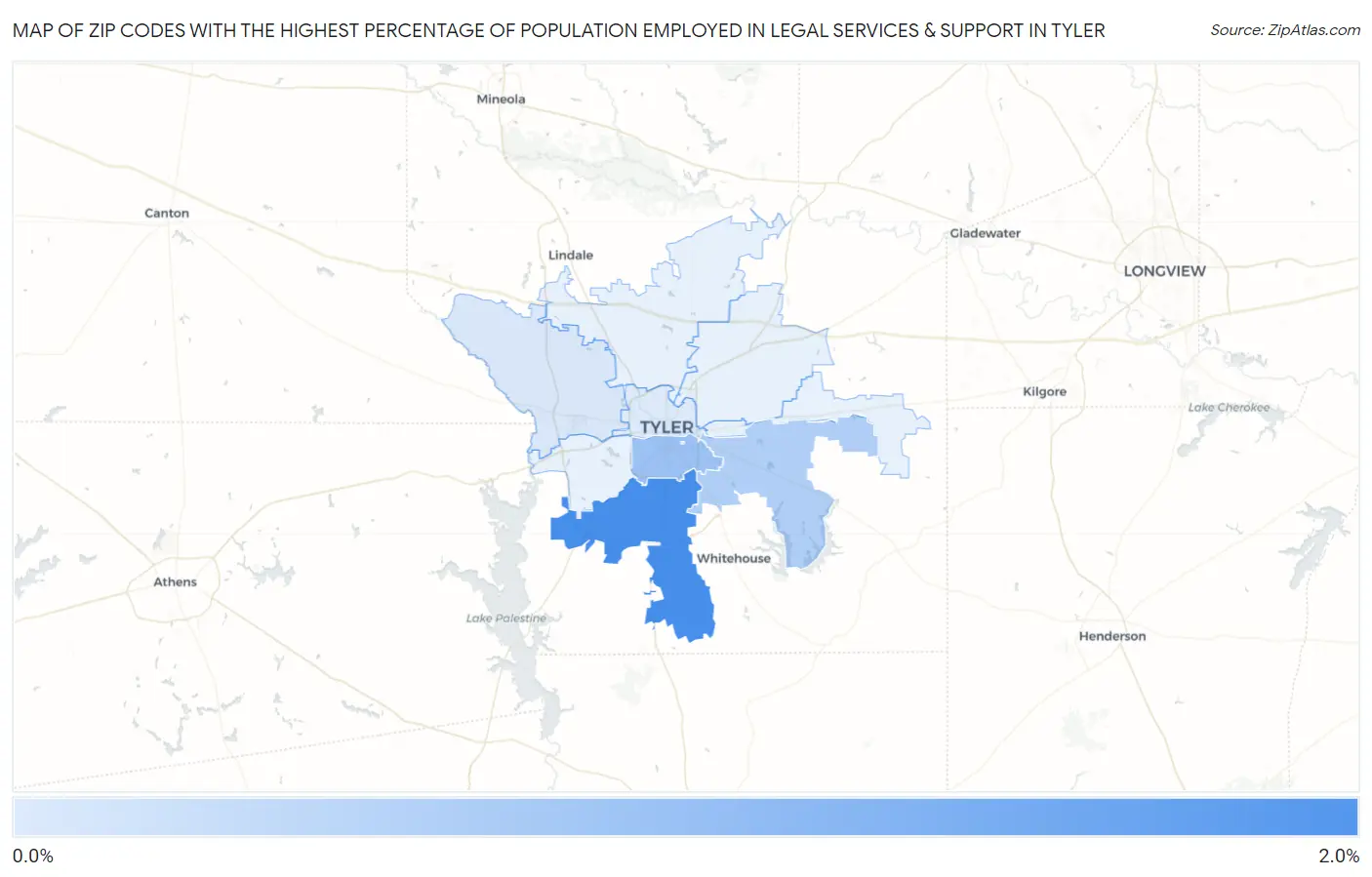 Zip Codes with the Highest Percentage of Population Employed in Legal Services & Support in Tyler Map