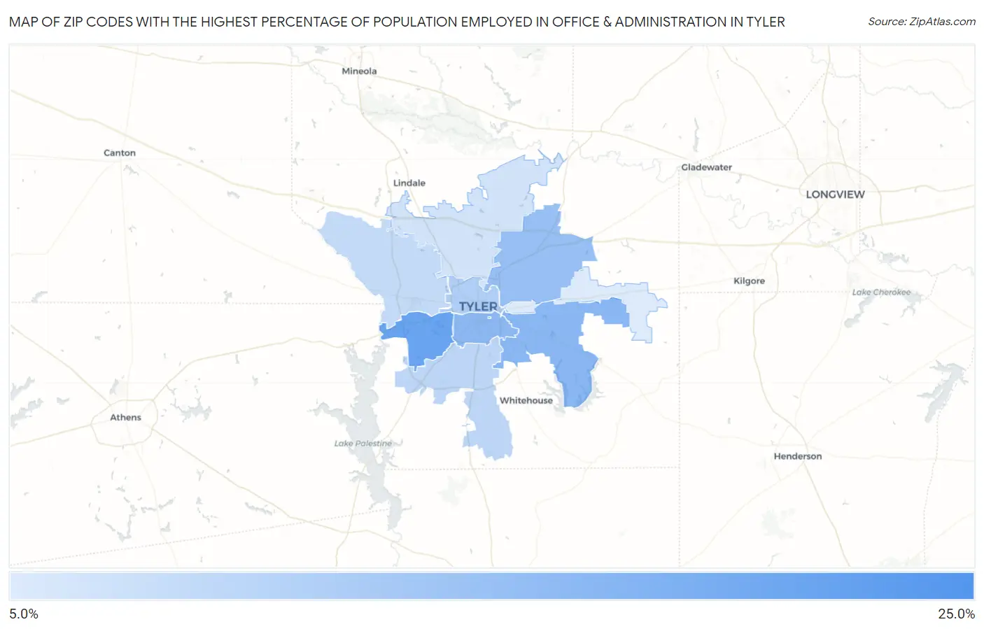 Zip Codes with the Highest Percentage of Population Employed in Office & Administration in Tyler Map
