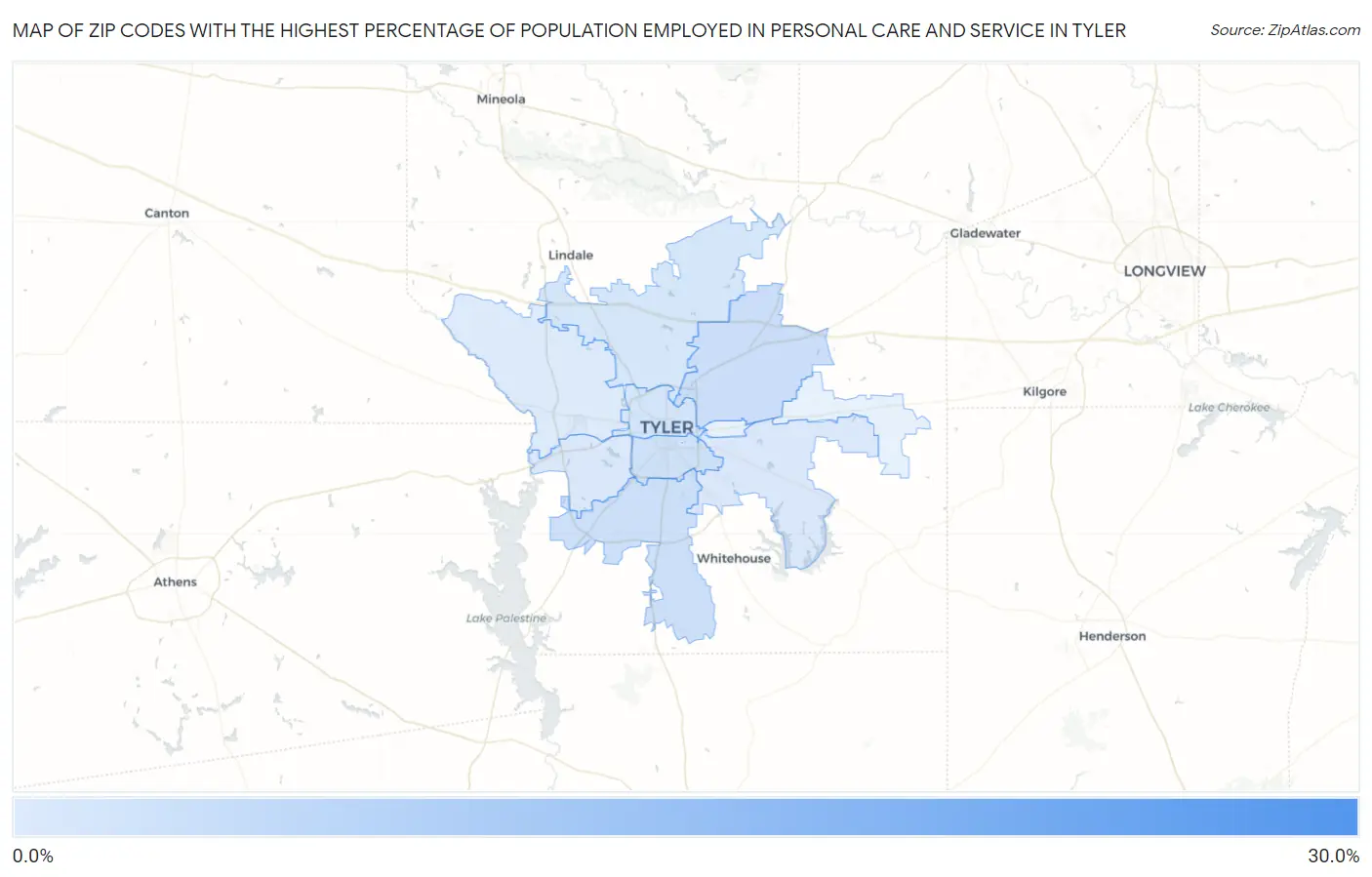 Zip Codes with the Highest Percentage of Population Employed in Personal Care and Service in Tyler Map
