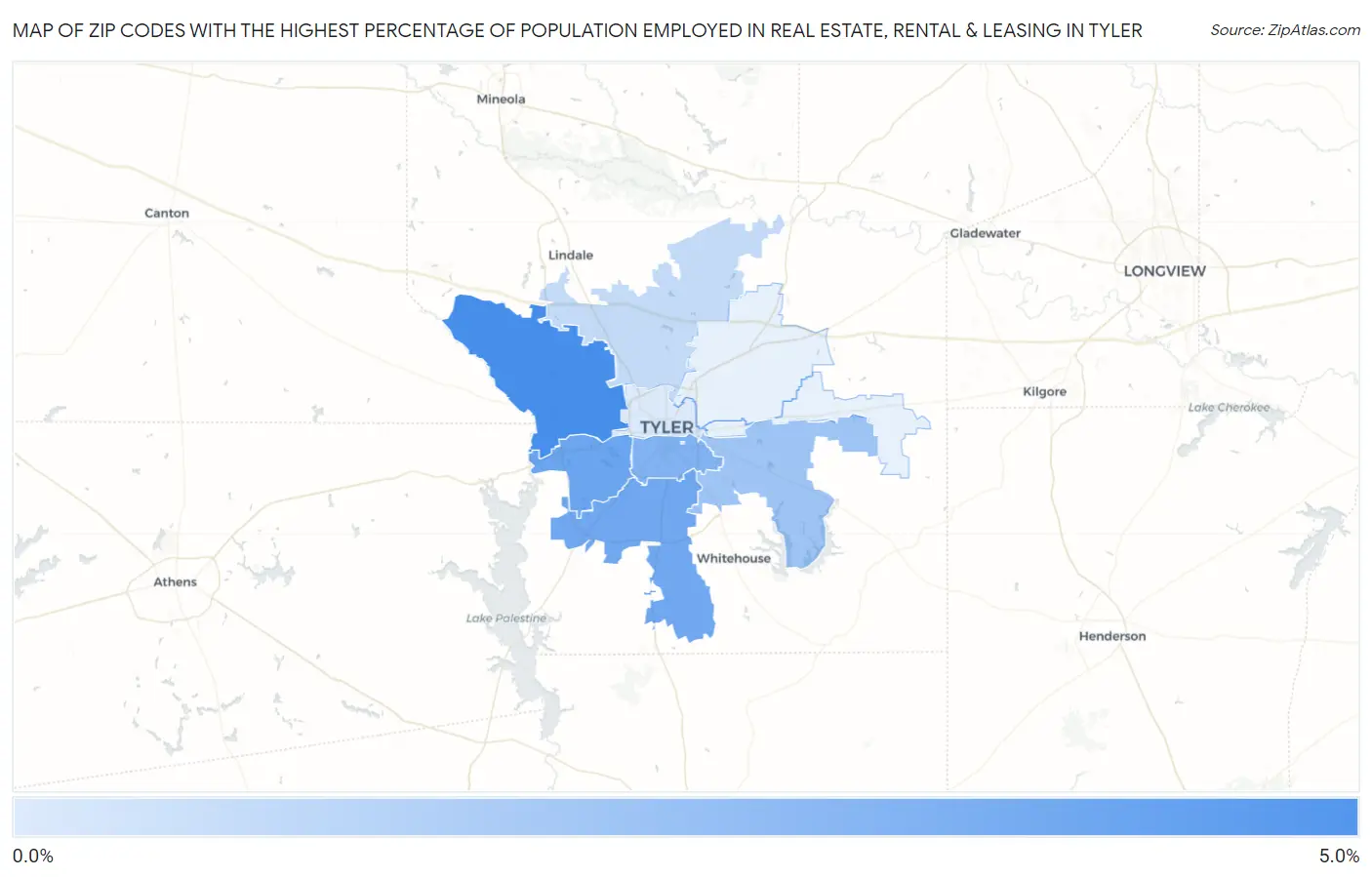 Zip Codes with the Highest Percentage of Population Employed in Real Estate, Rental & Leasing in Tyler Map