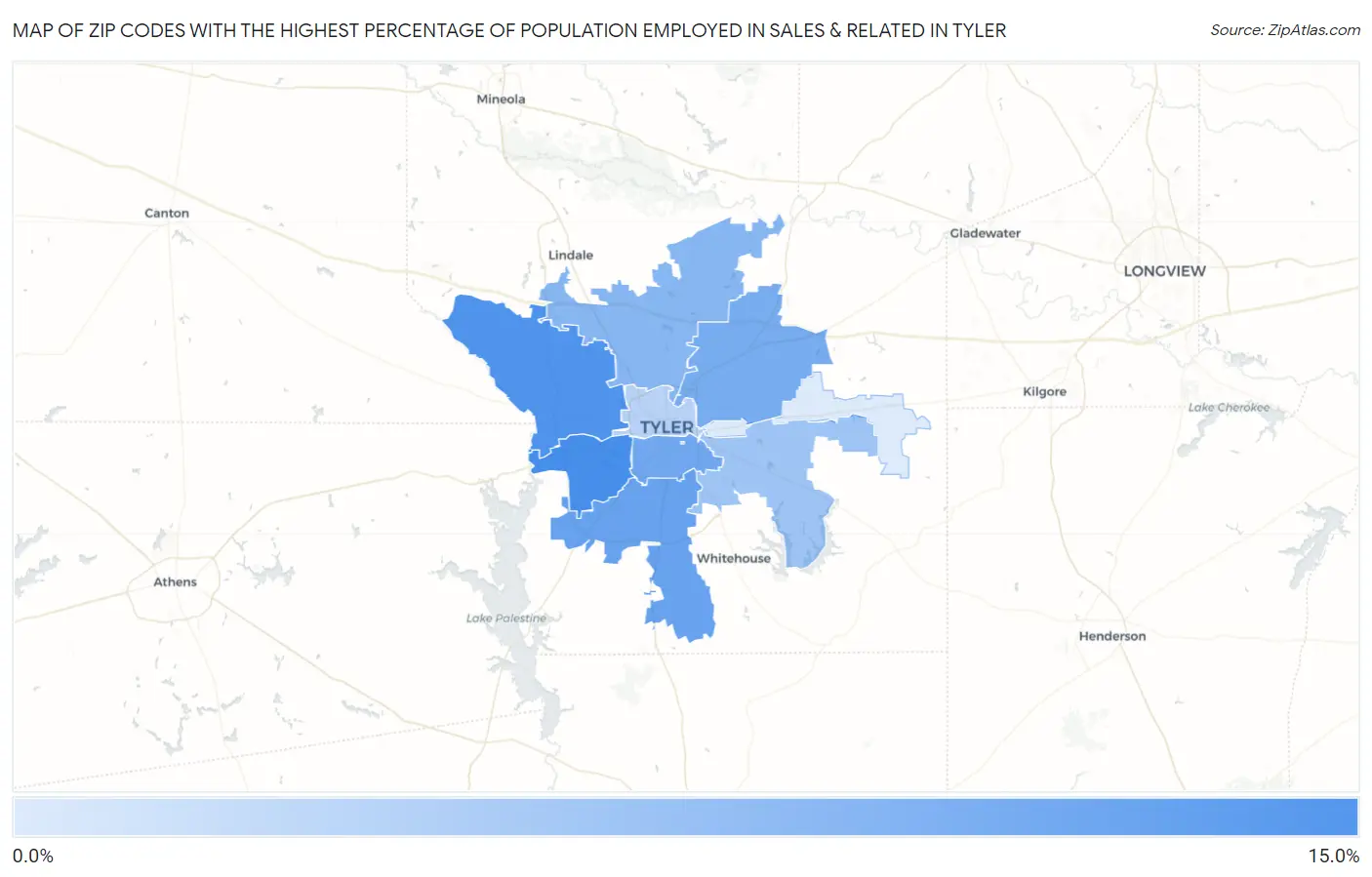 Zip Codes with the Highest Percentage of Population Employed in Sales & Related in Tyler Map