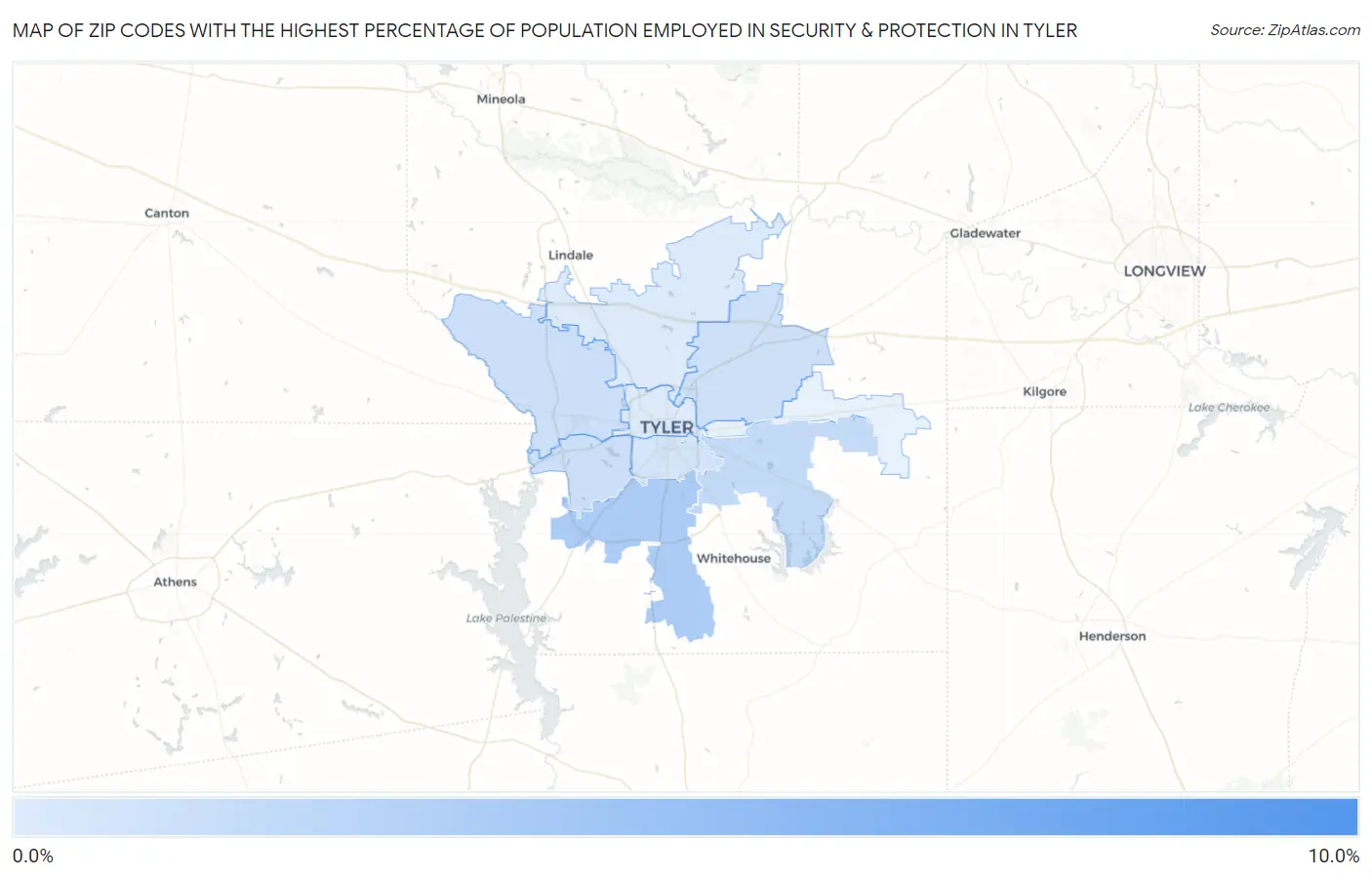Zip Codes with the Highest Percentage of Population Employed in Security & Protection in Tyler Map