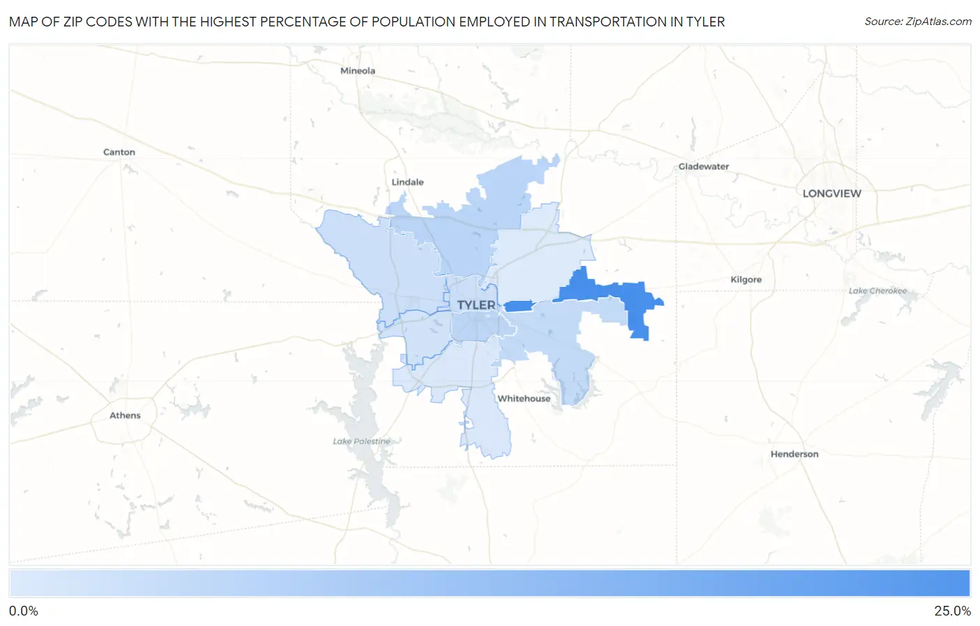 Zip Codes with the Highest Percentage of Population Employed in Transportation in Tyler Map