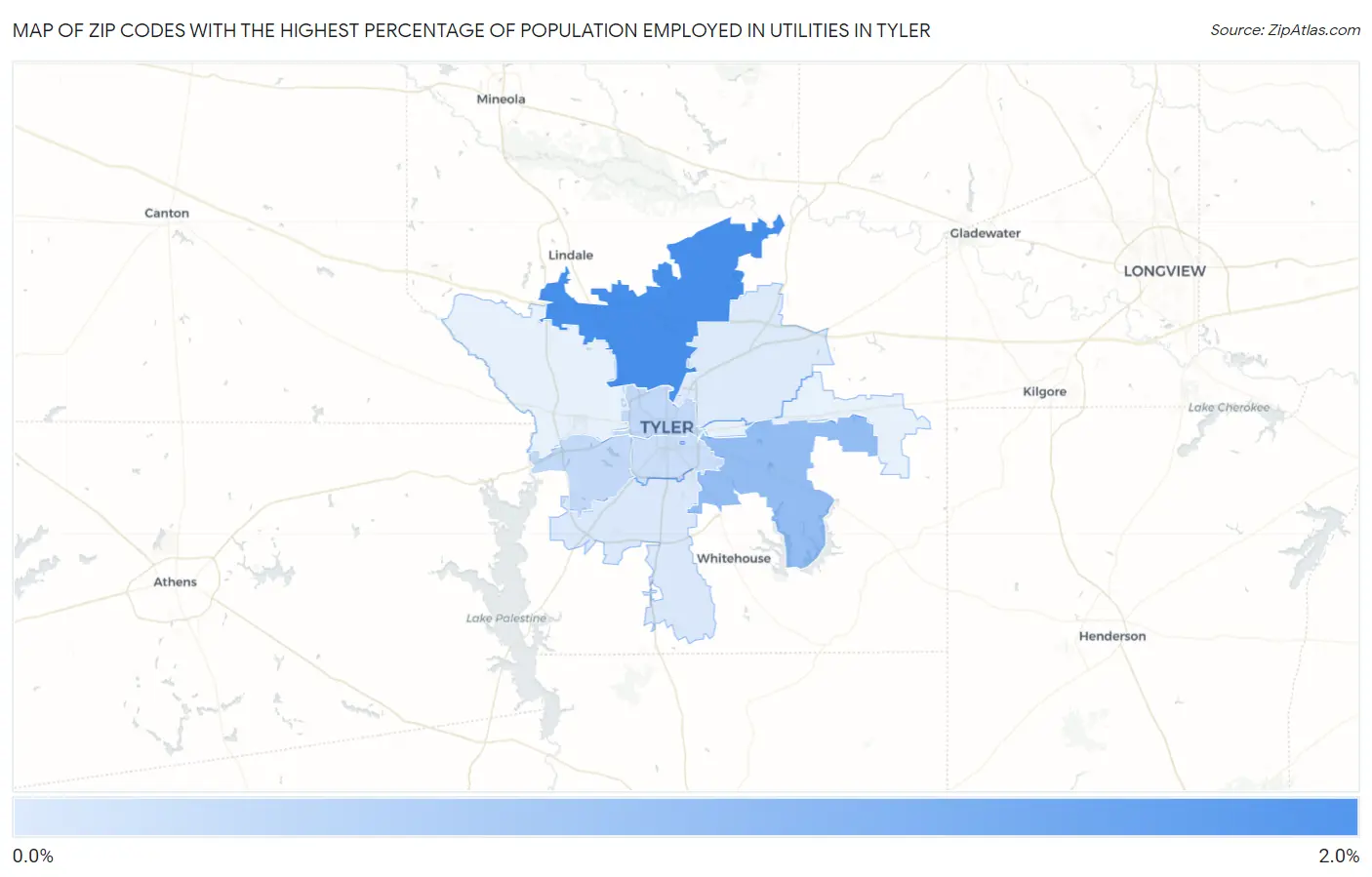Zip Codes with the Highest Percentage of Population Employed in Utilities in Tyler Map