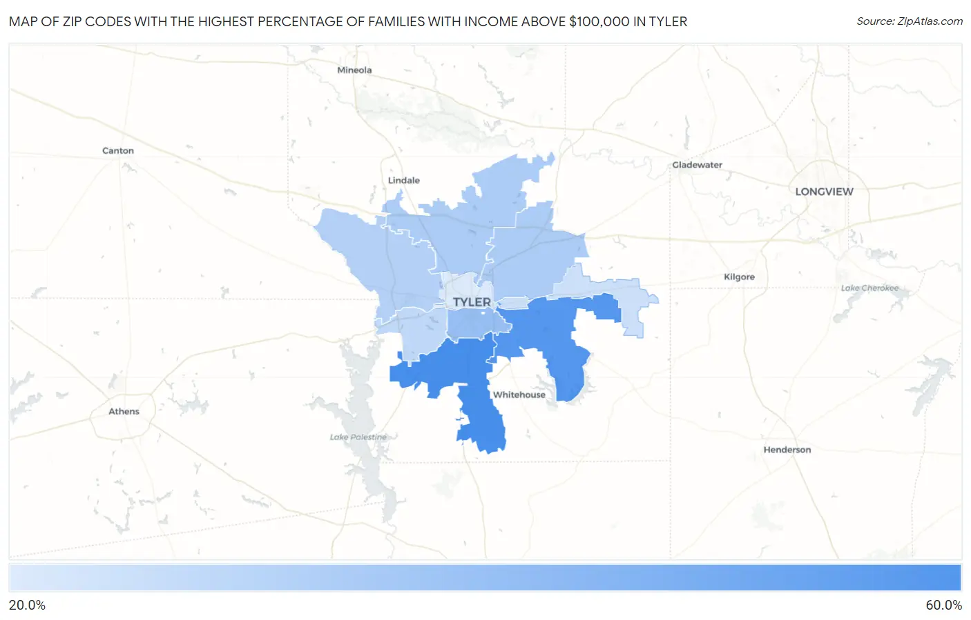 Zip Codes with the Highest Percentage of Families with Income Above $100,000 in Tyler Map