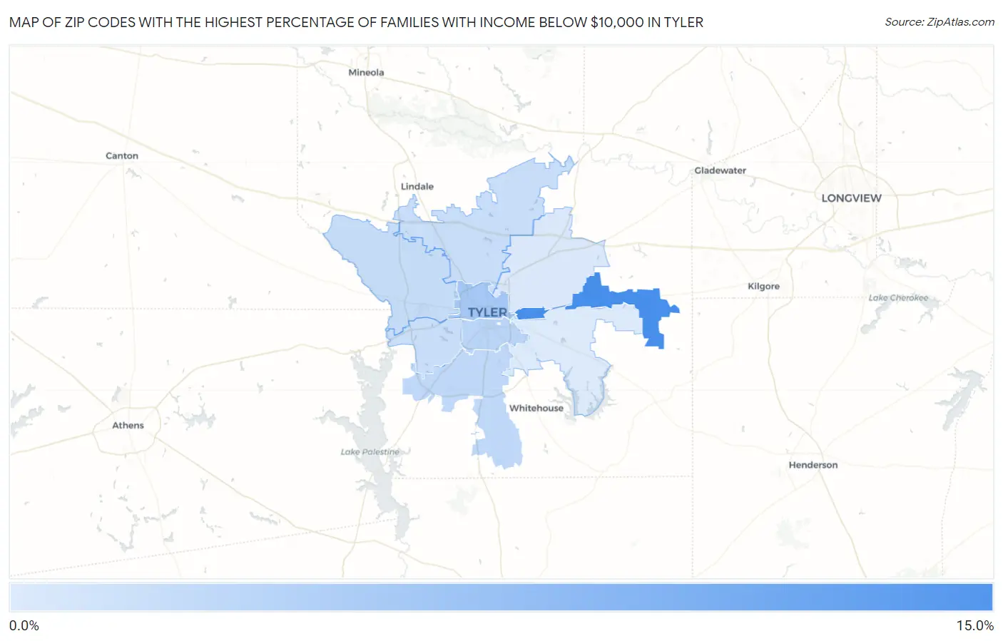 Zip Codes with the Highest Percentage of Families with Income Below $10,000 in Tyler Map