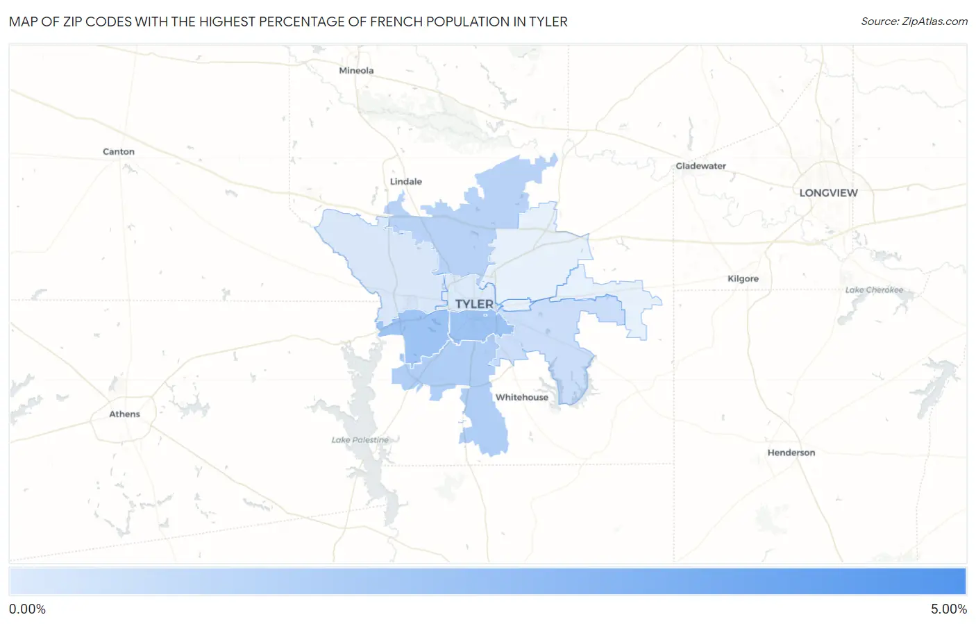 Zip Codes with the Highest Percentage of French Population in Tyler Map