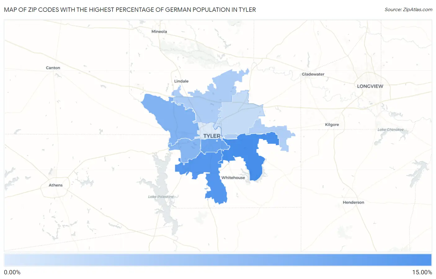 Zip Codes with the Highest Percentage of German Population in Tyler Map