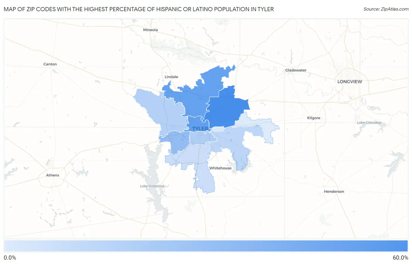 Zip Codes with the Highest Percentage of Hispanic or Latino Population in Tyler Map