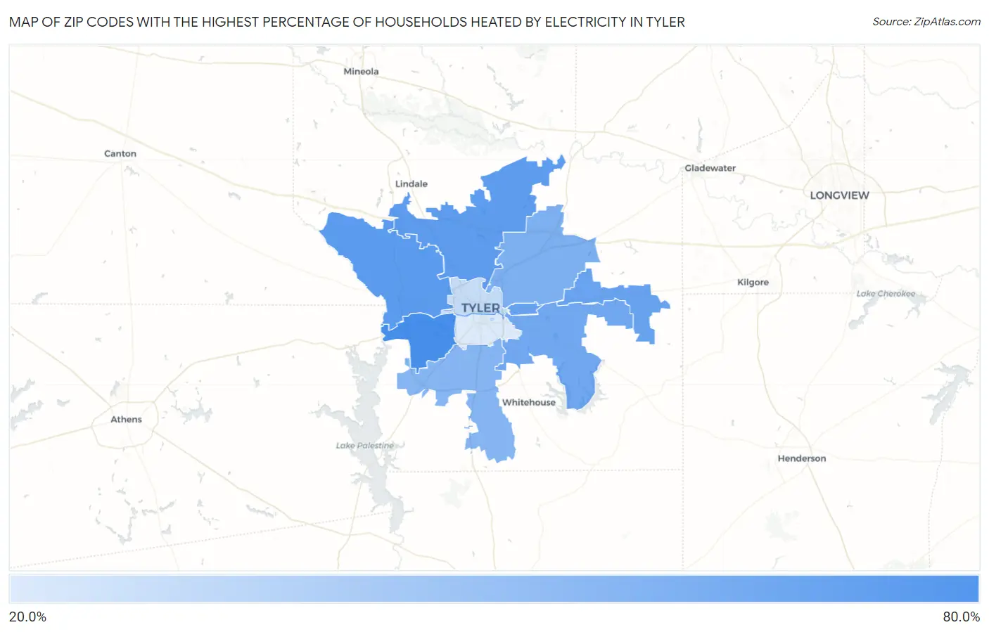 Zip Codes with the Highest Percentage of Households Heated by Electricity in Tyler Map