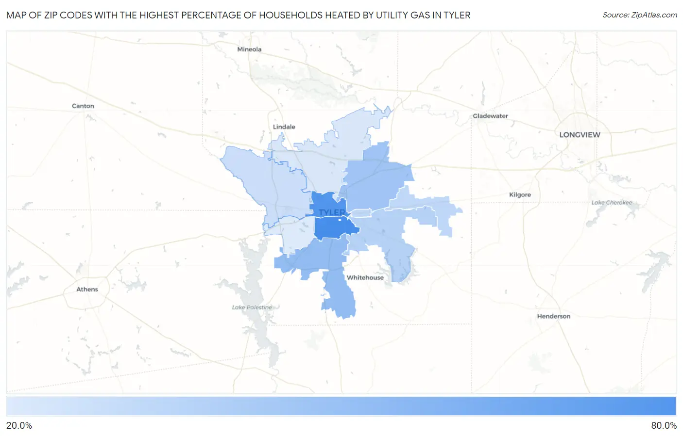 Zip Codes with the Highest Percentage of Households Heated by Utility Gas in Tyler Map
