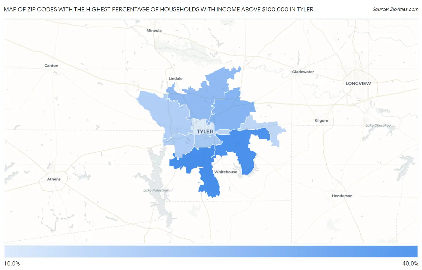 Zip Codes with the Highest Percentage of Households with Income Above $100,000 in Tyler Map