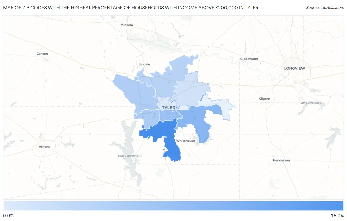 Zip Codes with the Highest Percentage of Households with Income Above $200,000 in Tyler Map