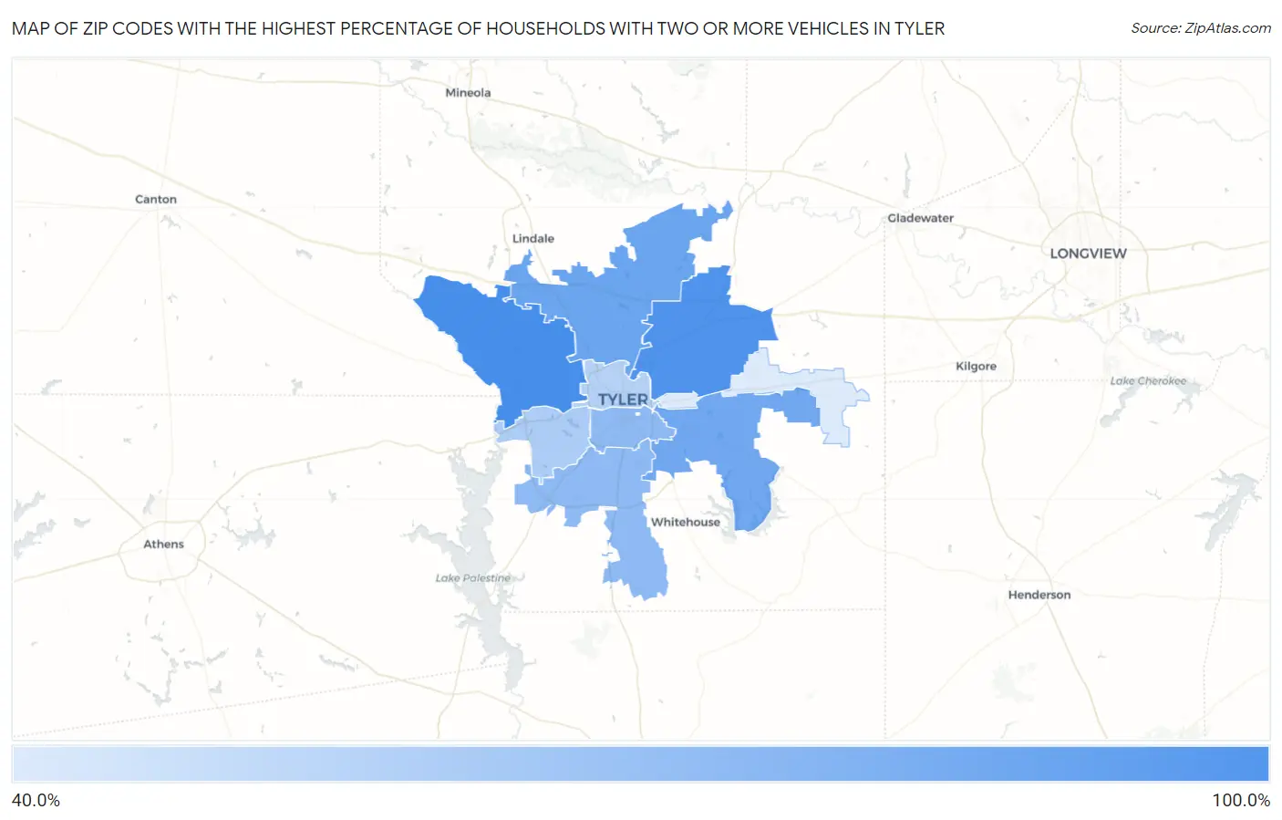 Zip Codes with the Highest Percentage of Households With Two or more Vehicles in Tyler Map
