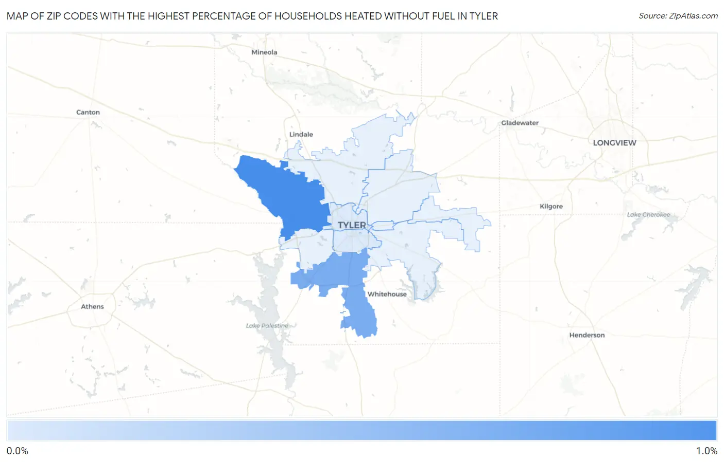 Zip Codes with the Highest Percentage of Households Heated without Fuel in Tyler Map