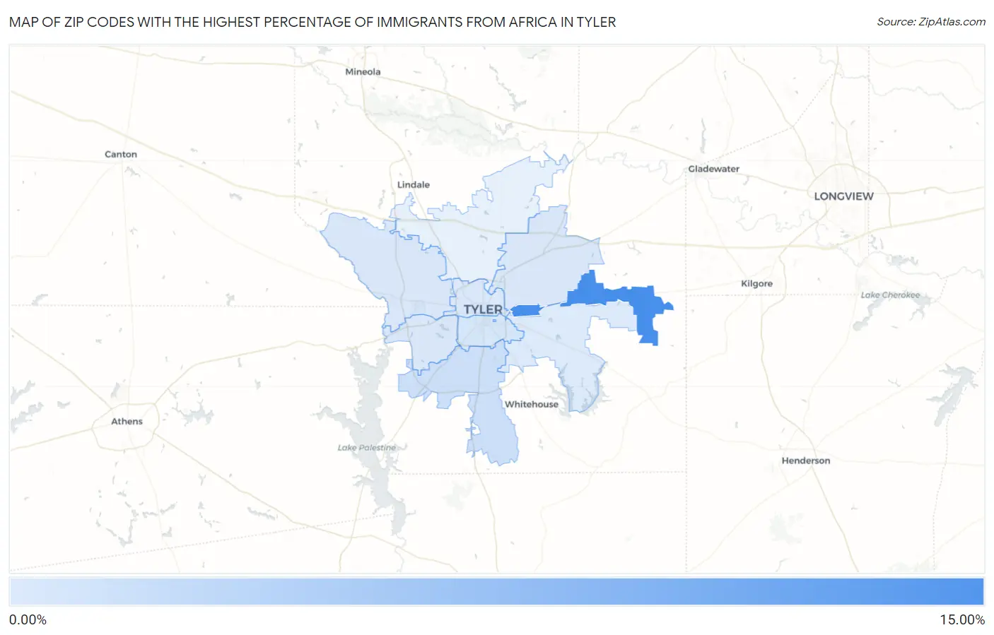 Zip Codes with the Highest Percentage of Immigrants from Africa in Tyler Map