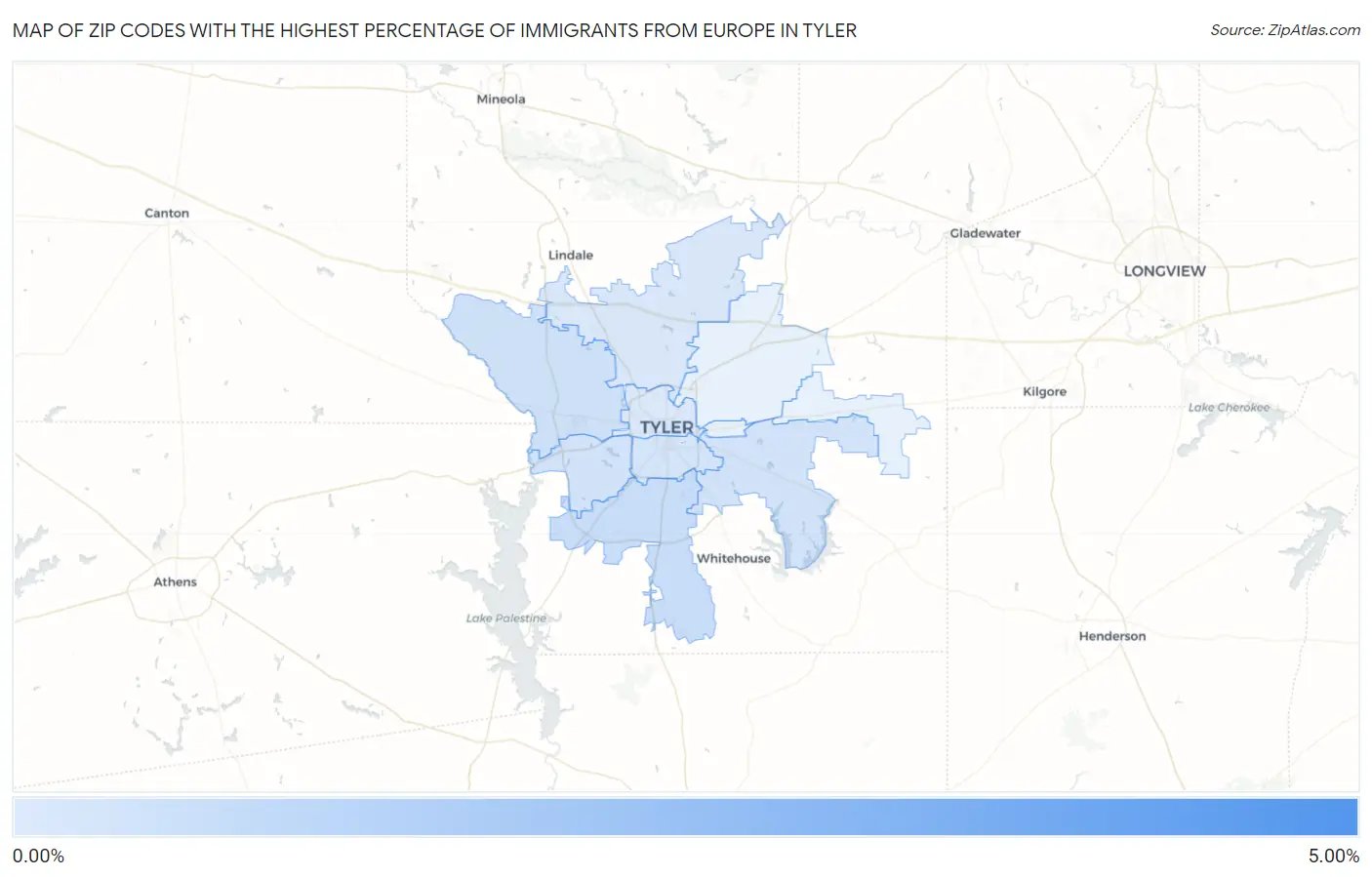 Zip Codes with the Highest Percentage of Immigrants from Europe in Tyler Map