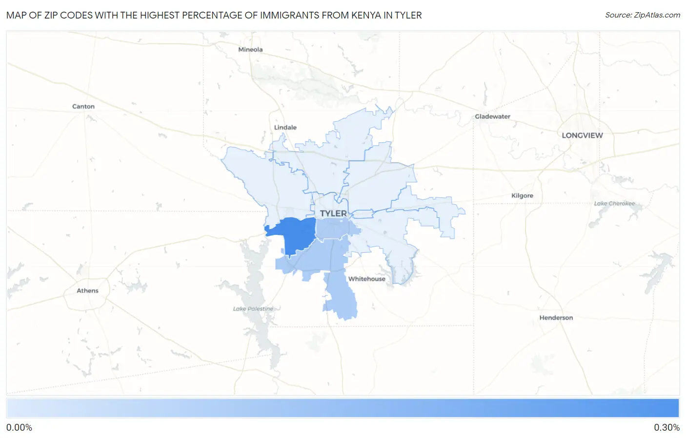 Zip Codes with the Highest Percentage of Immigrants from Kenya in Tyler Map