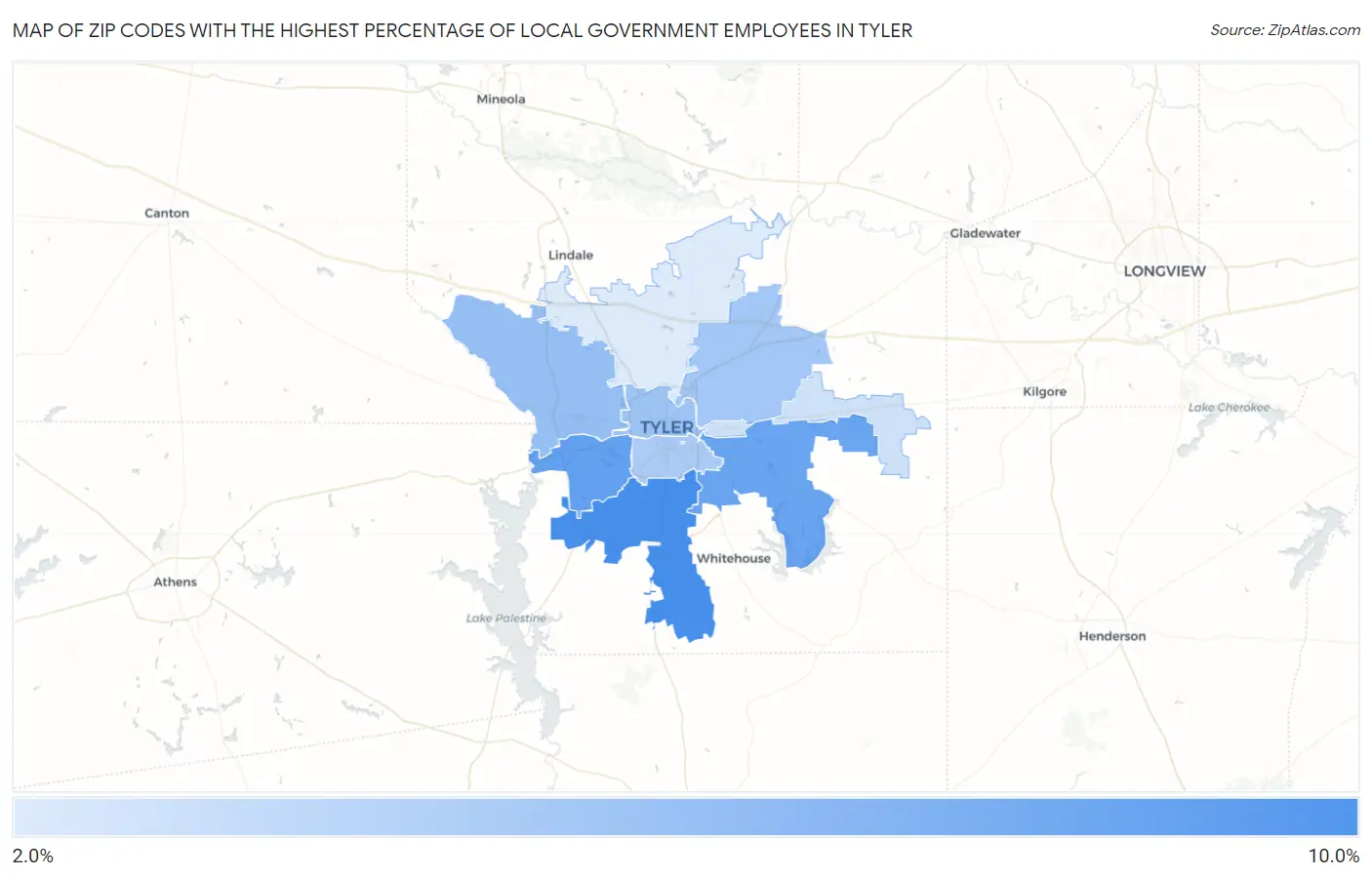 Zip Codes with the Highest Percentage of Local Government Employees in Tyler Map
