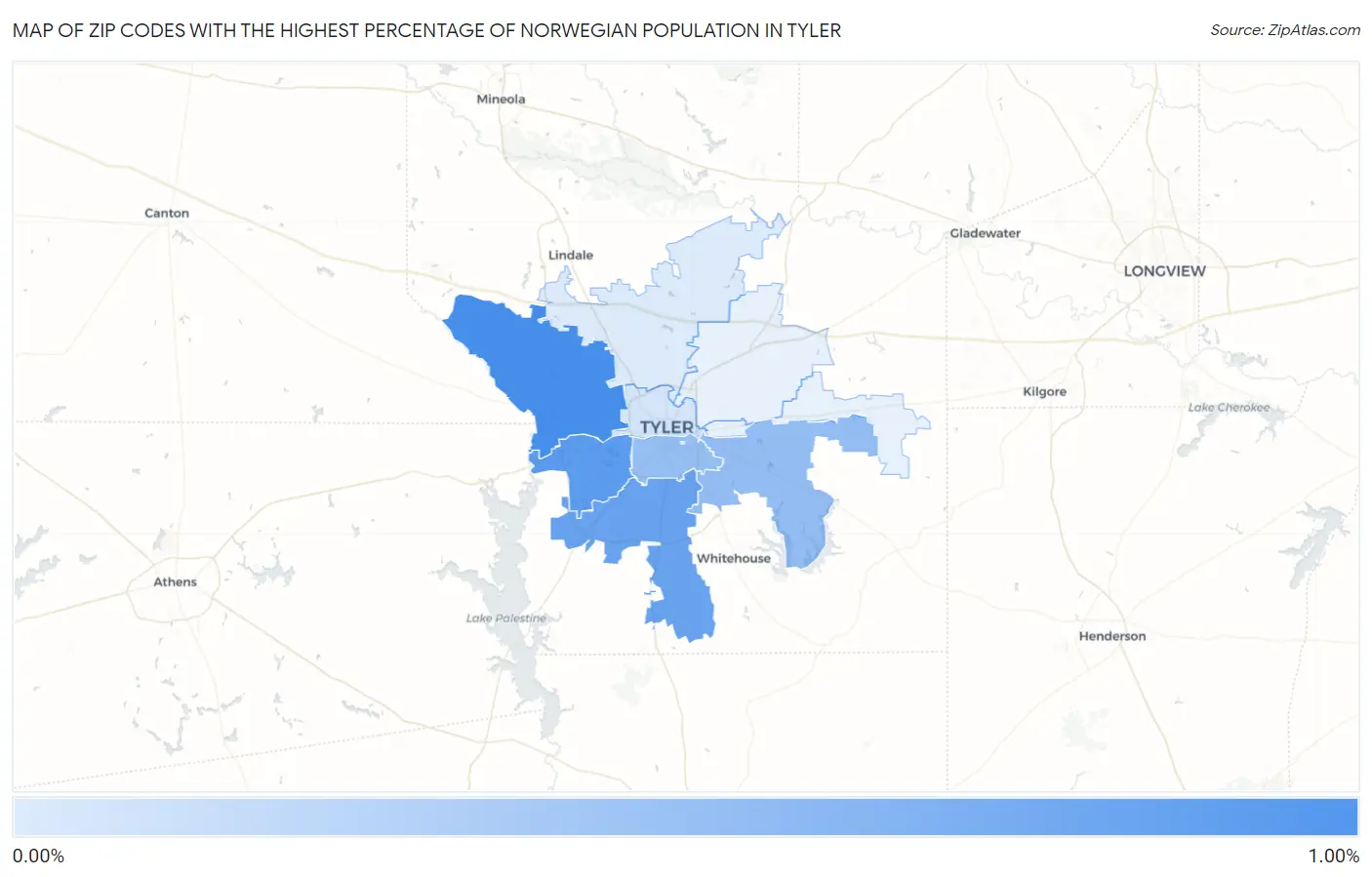 Zip Codes with the Highest Percentage of Norwegian Population in Tyler Map