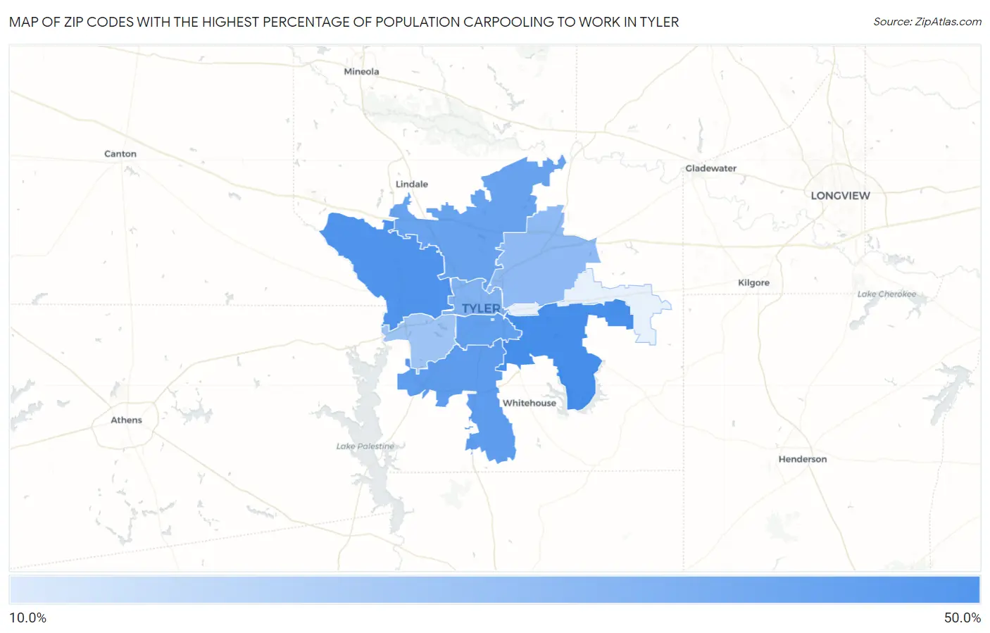Zip Codes with the Highest Percentage of Population Carpooling to Work in Tyler Map