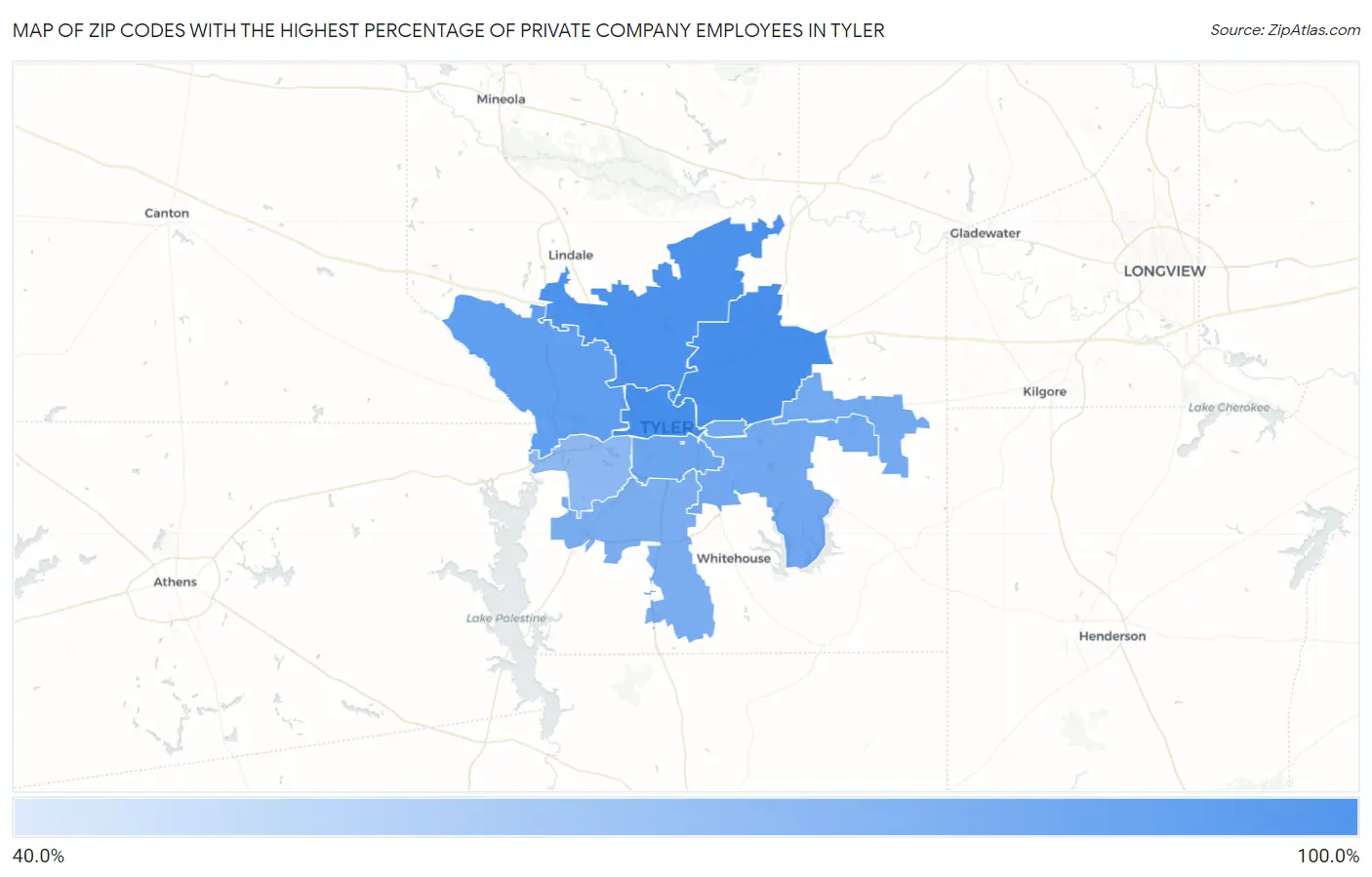 Zip Codes with the Highest Percentage of Private Company Employees in Tyler Map